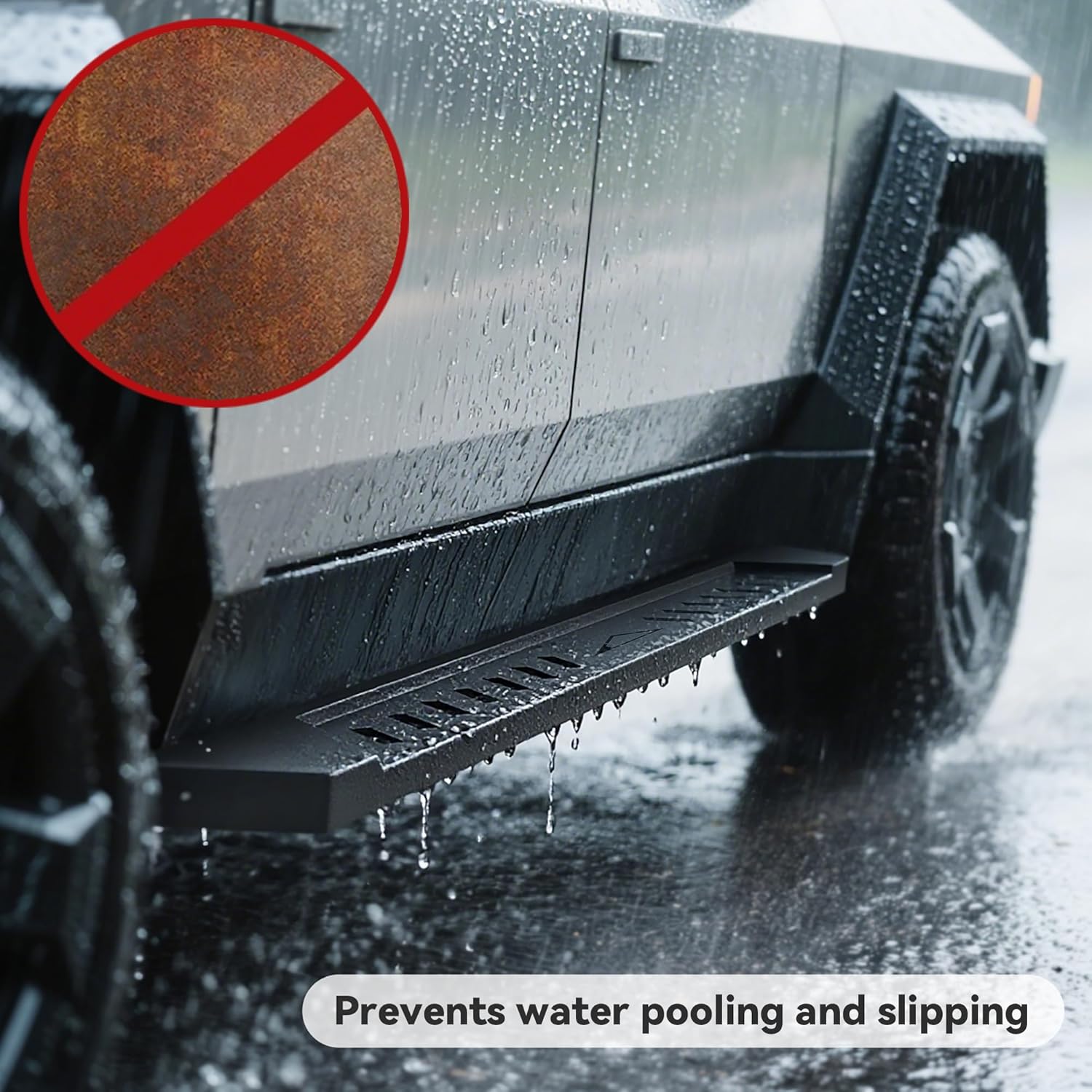 Side view of OEDRO Running Boards: Compatible with Tesla Cybertruck - Textured Black Side Steps Rails for 2024-2025 Cybertruck, Exterior Brackets Truck Nerf Bars