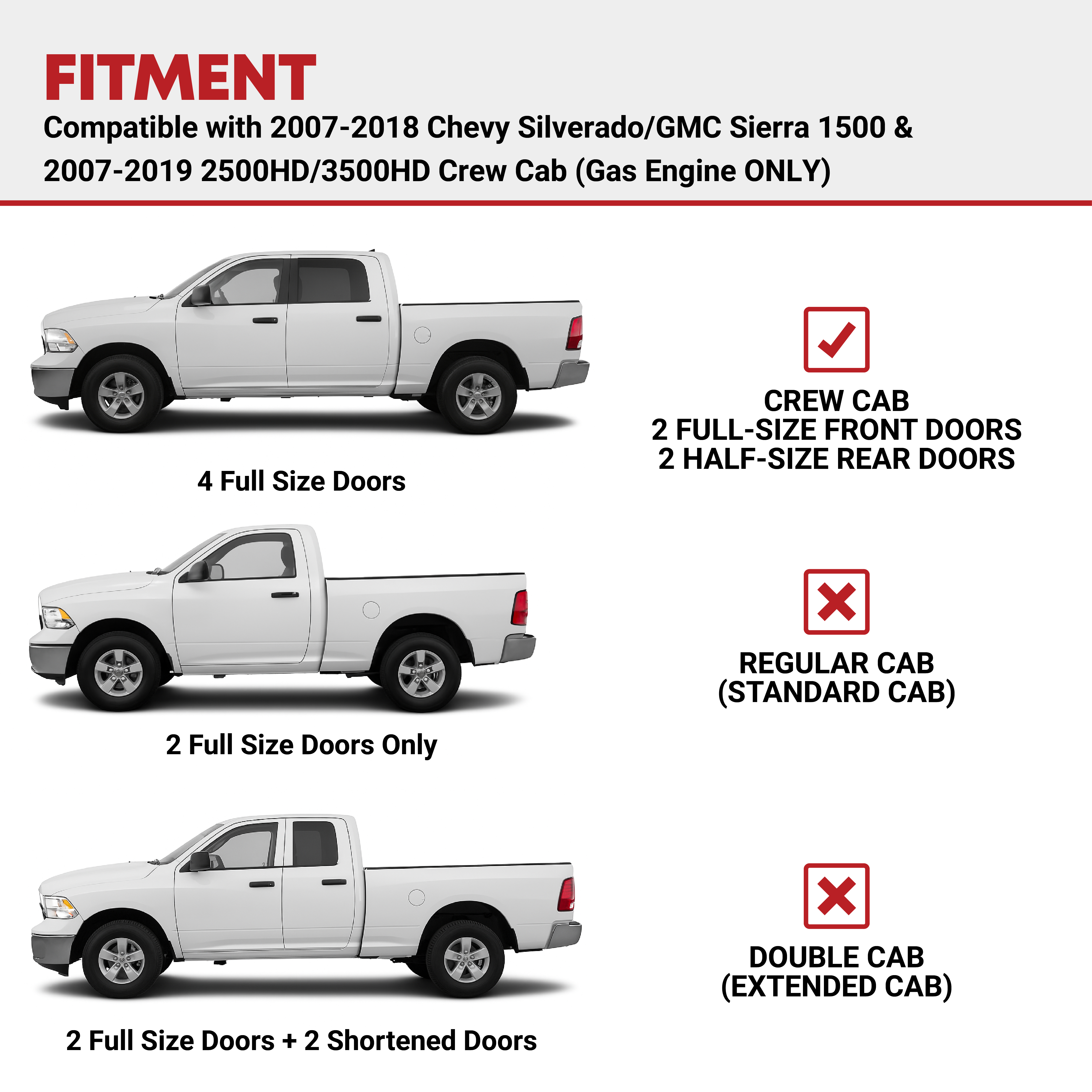 Side view of YITAMOTOR® 6" Running Boards for 07-18 Chevy Silverado/GMC Sierra 1500, 07-19 2500HD/3500HD Crew Cab Black Side Steps