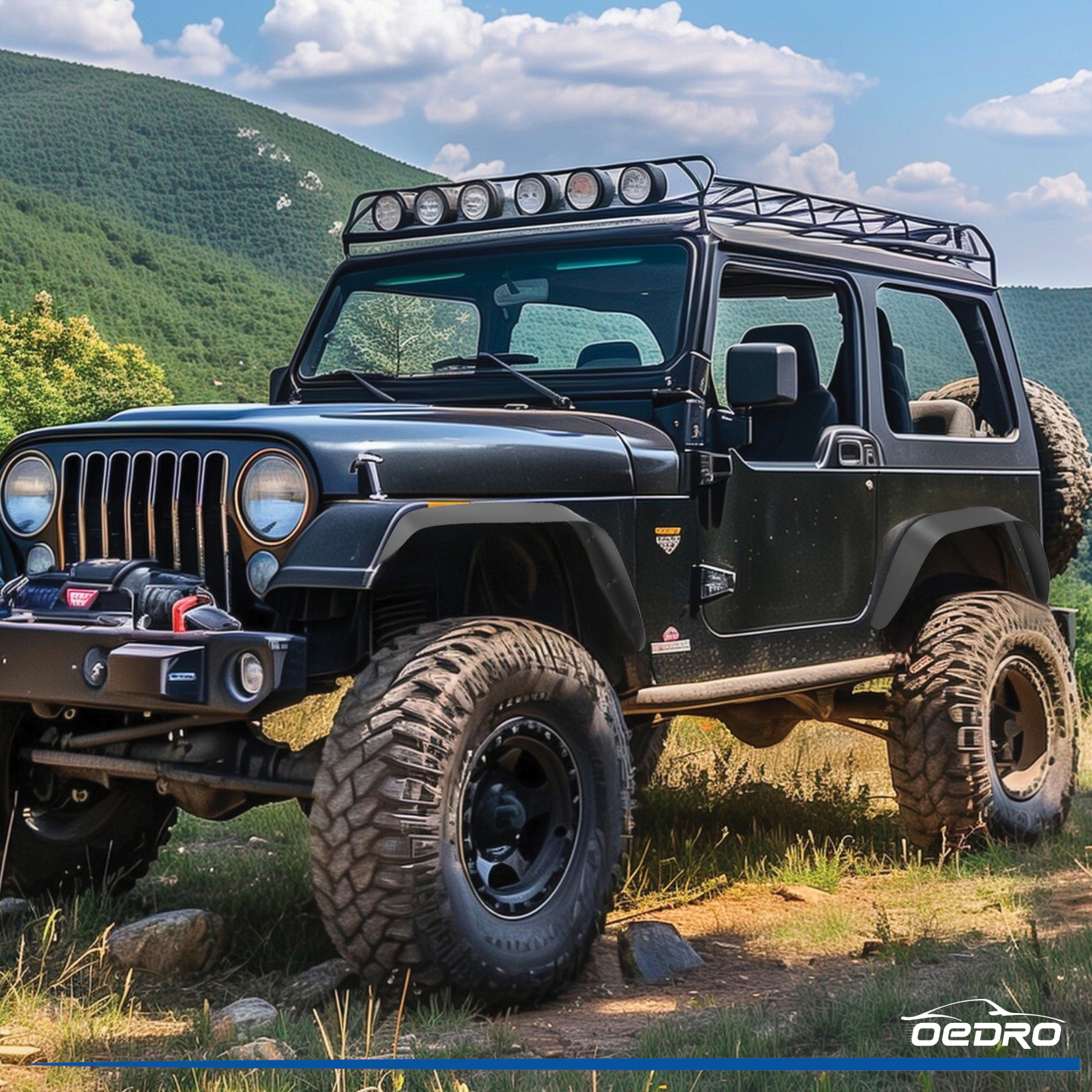 Side view of OEDRO Flat Fender Flares for 1997-2006 Jeep Wrangler TJ & LJ, 4 PCS Set Off-Road Front & Rear Wheel Flares