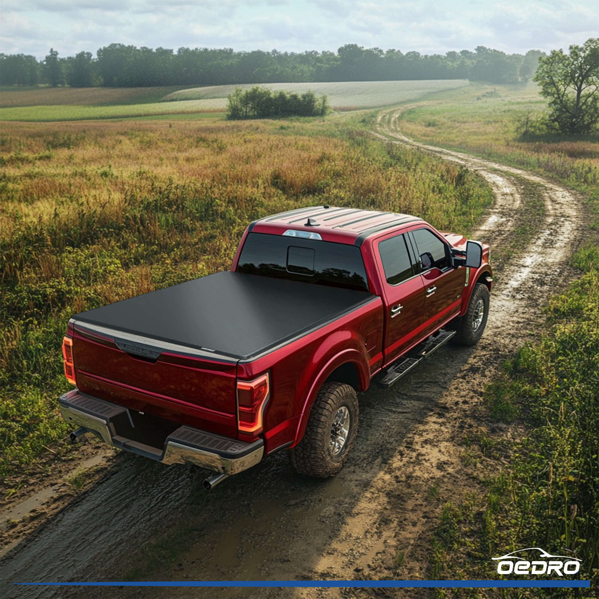 Side view of OEDRO 8FT Soft Roll Up Truck Bed Tonneau Cover for 1999-2024 Ford F250 F350 F-250 F-350 Superduty