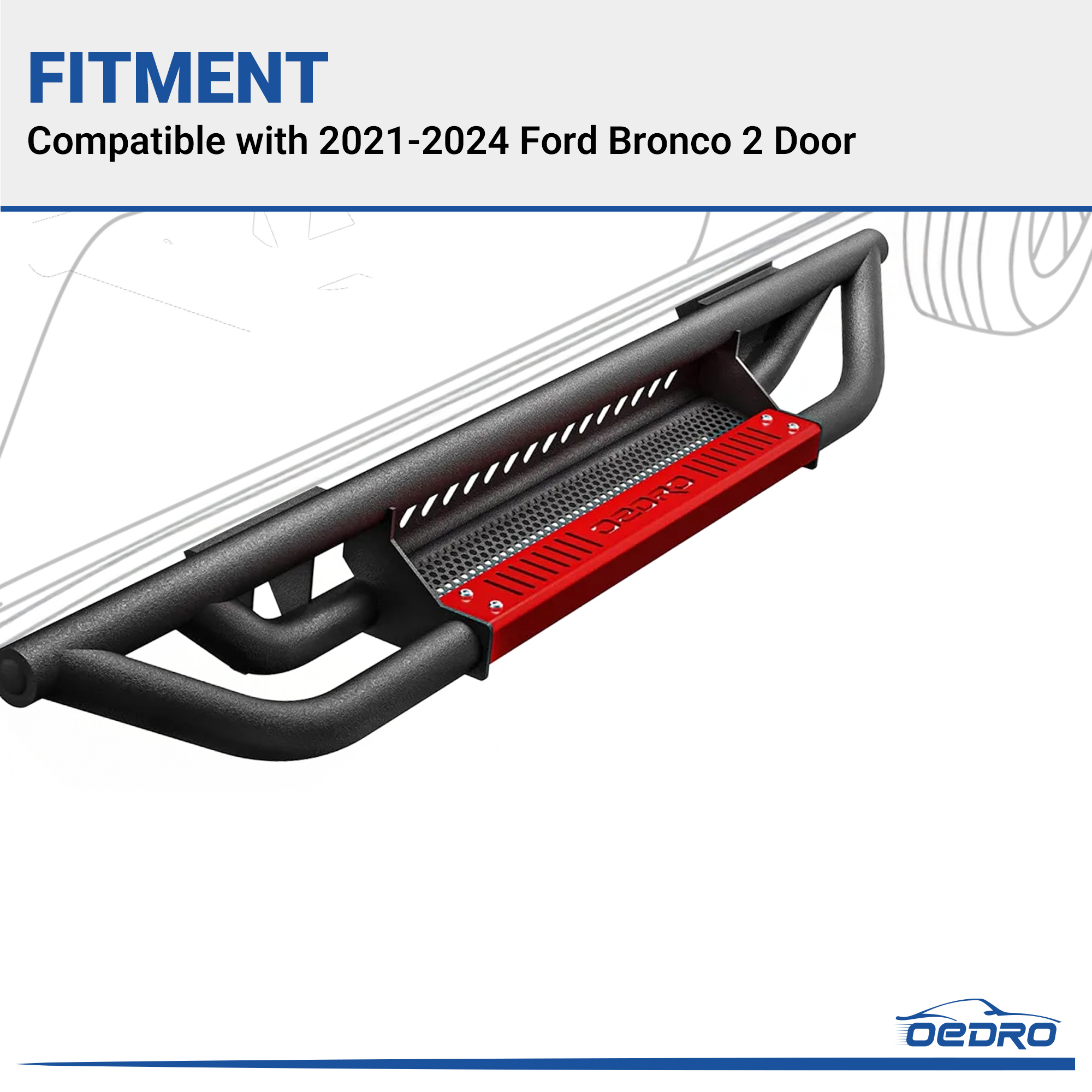 Side view of OEDRO® Running Boards Drop Side Steps for 2021-2024 Ford Bronco 2 Door, All Steel Nerf Bar Red Paintable Step Plates