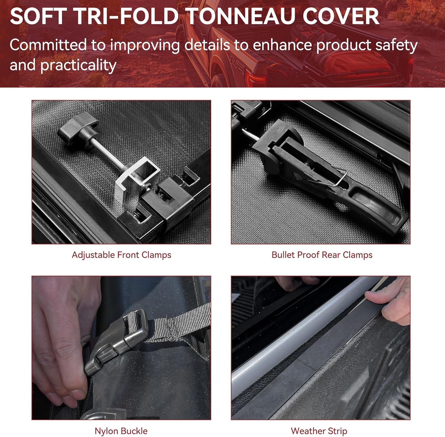 Side view of Soft Tri Fold Truck Bed Tonneau Cover Compatible with Toyota Tacoma 2005-2015 Fleetside 5 ft Bed