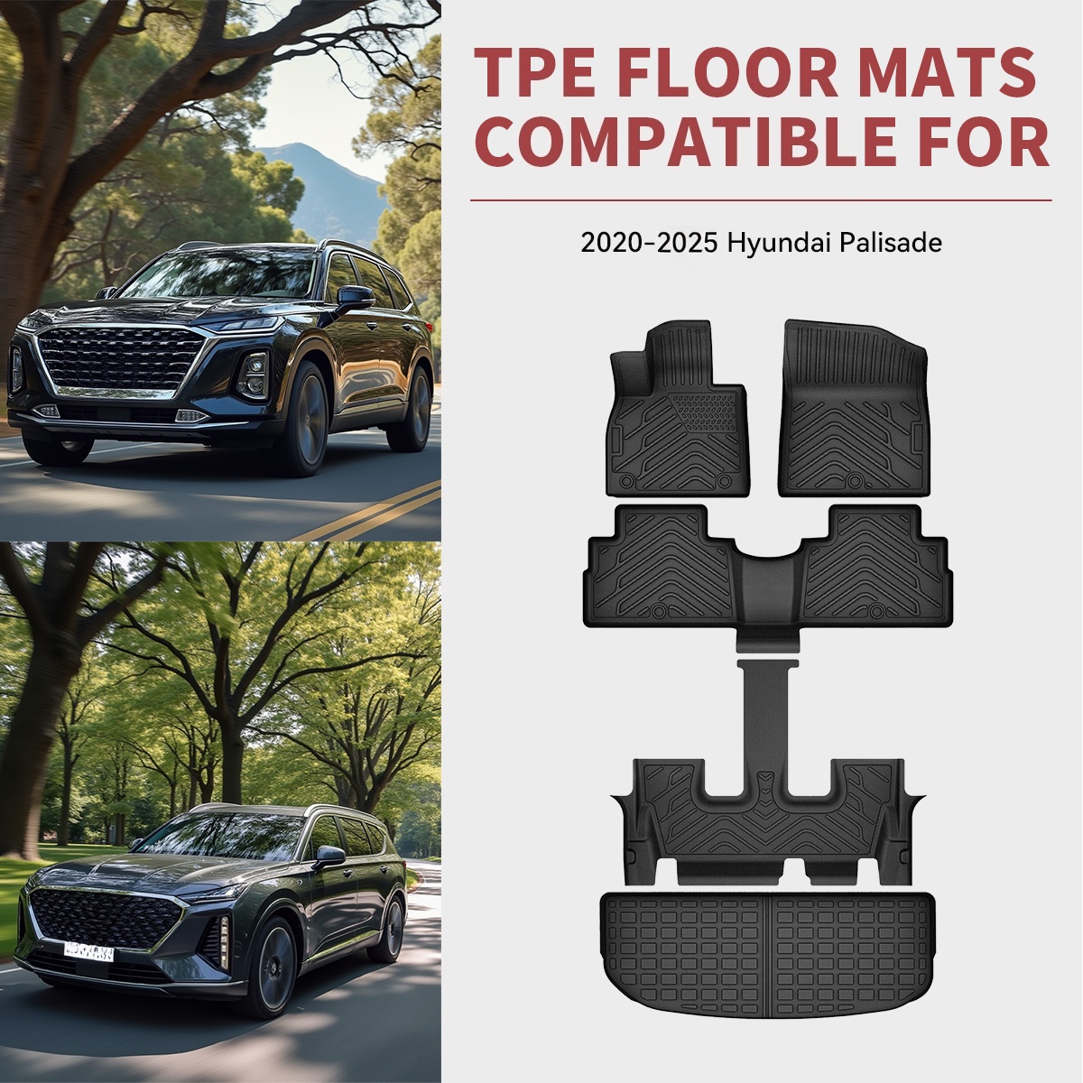 Side view of Floor Mats for 2020-2025 Hyundai Palisade with Bucket Seats, All Weather Custom Fit for Hyundai Palisade 3 Row Floor Mats & Cargo Liner