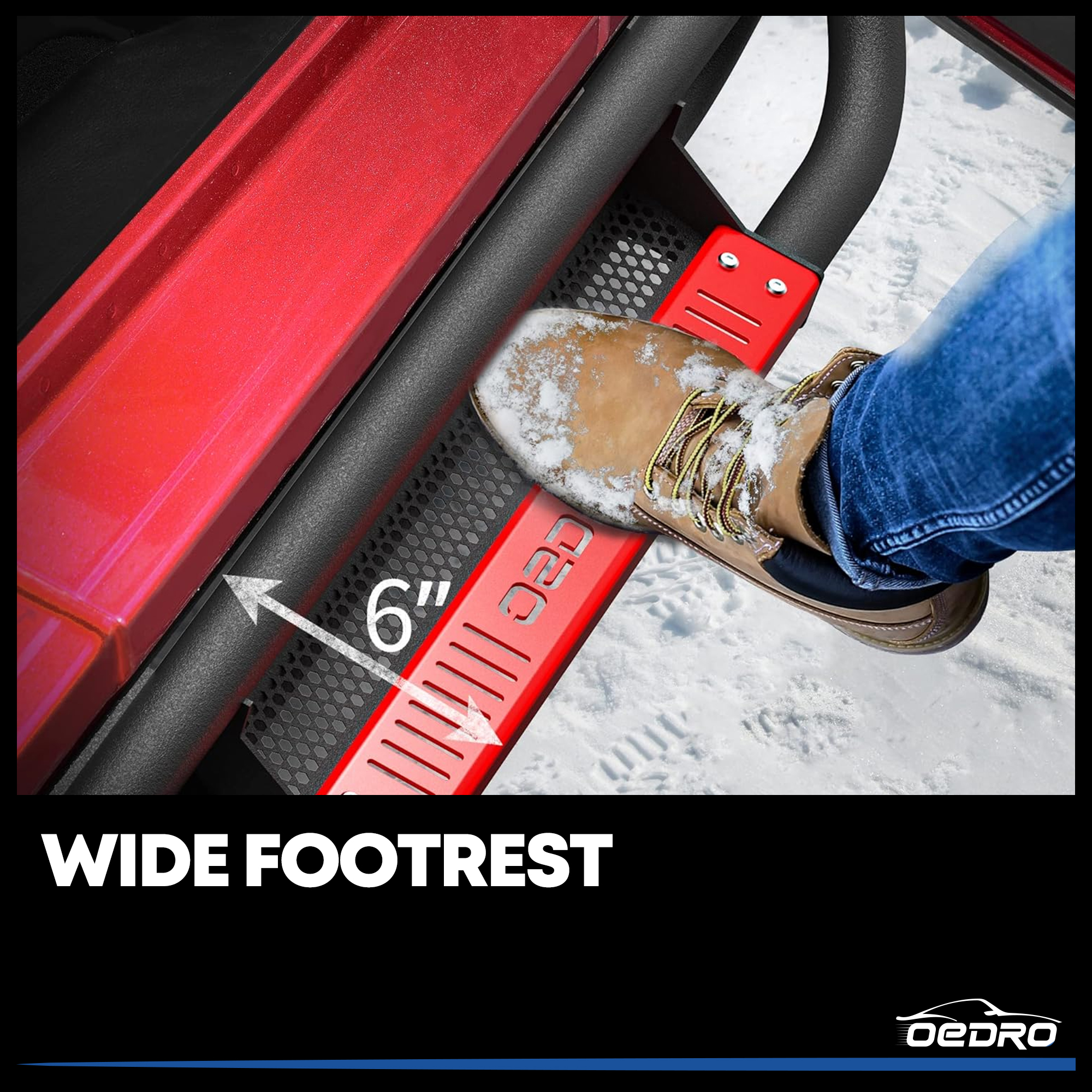 Side view of OEDRO® Running Boards Drop Side Steps for 2021-2024 Ford Bronco 2 Door, All Steel Nerf Bar Red Paintable Step Plates