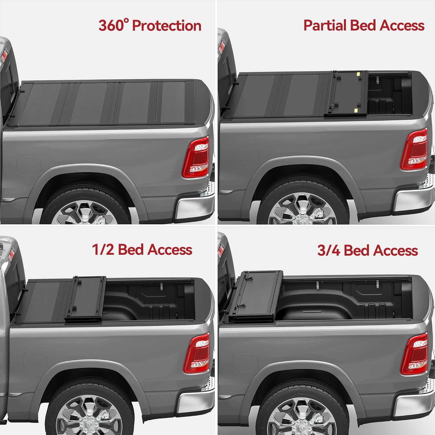 Side view of YITAMOTOR Low-Profile Hard Quad-Fold Tonneau Cover for 2019-2026 Ram 1500 New Body Style 5.7 ft Bed (No Rambox) | Truck Bed Cover