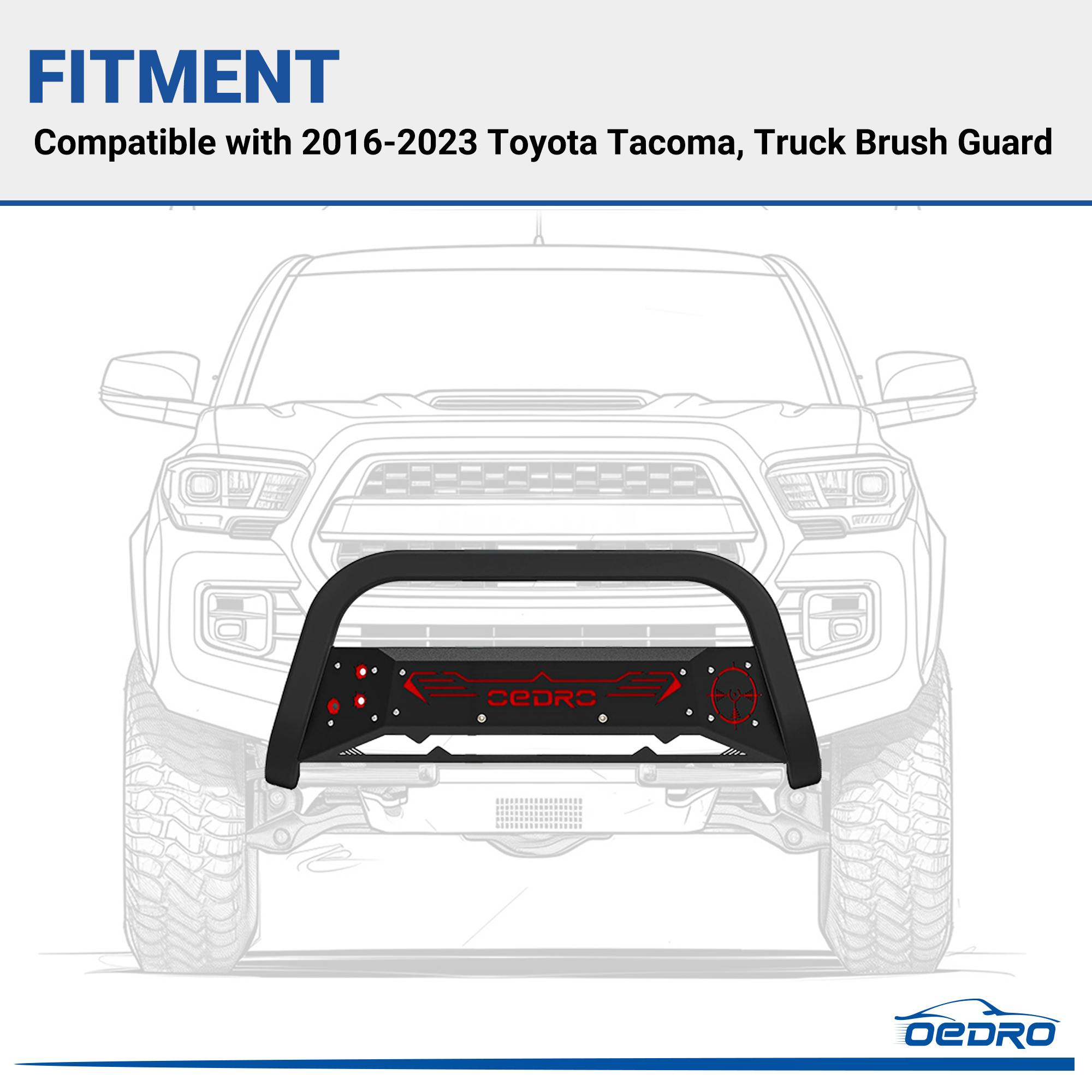 Side view of Bull Bar for 2016-2022 Toyota Tacoma w/Red and Black Skid Plate Light Mount