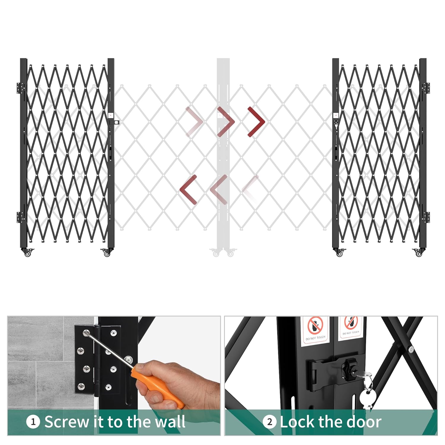 Side view of YITAMOTOR 61" H x 130" W Double Folding Security Gate - Expandable Steel Barricade with Aluminum Mesh