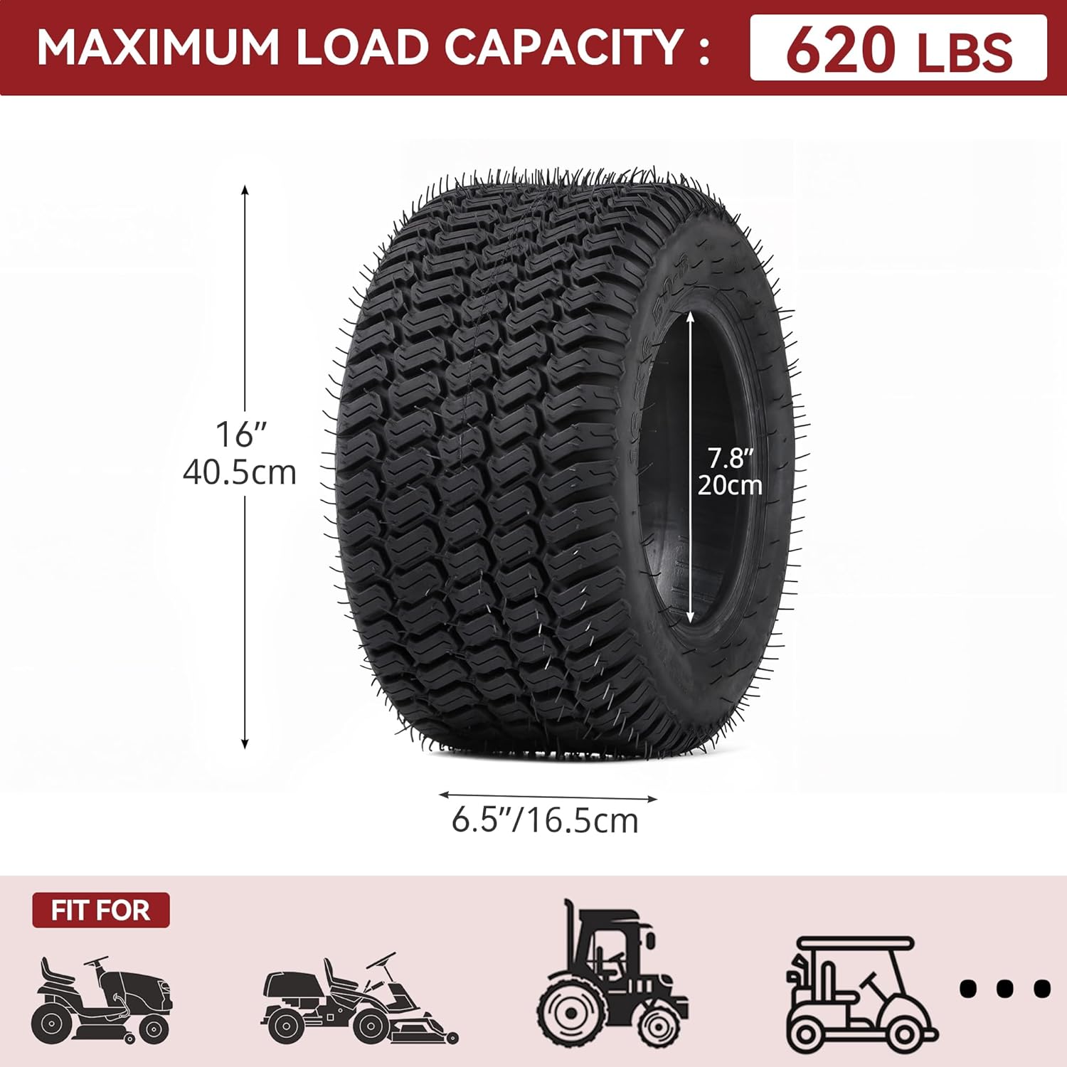 Side view of YITAMOTOR 16x6.5-8 4-Ply Lawn Mower Tires - Set of 2 for Tractors, Golf Carts & Outdoor Equipment
