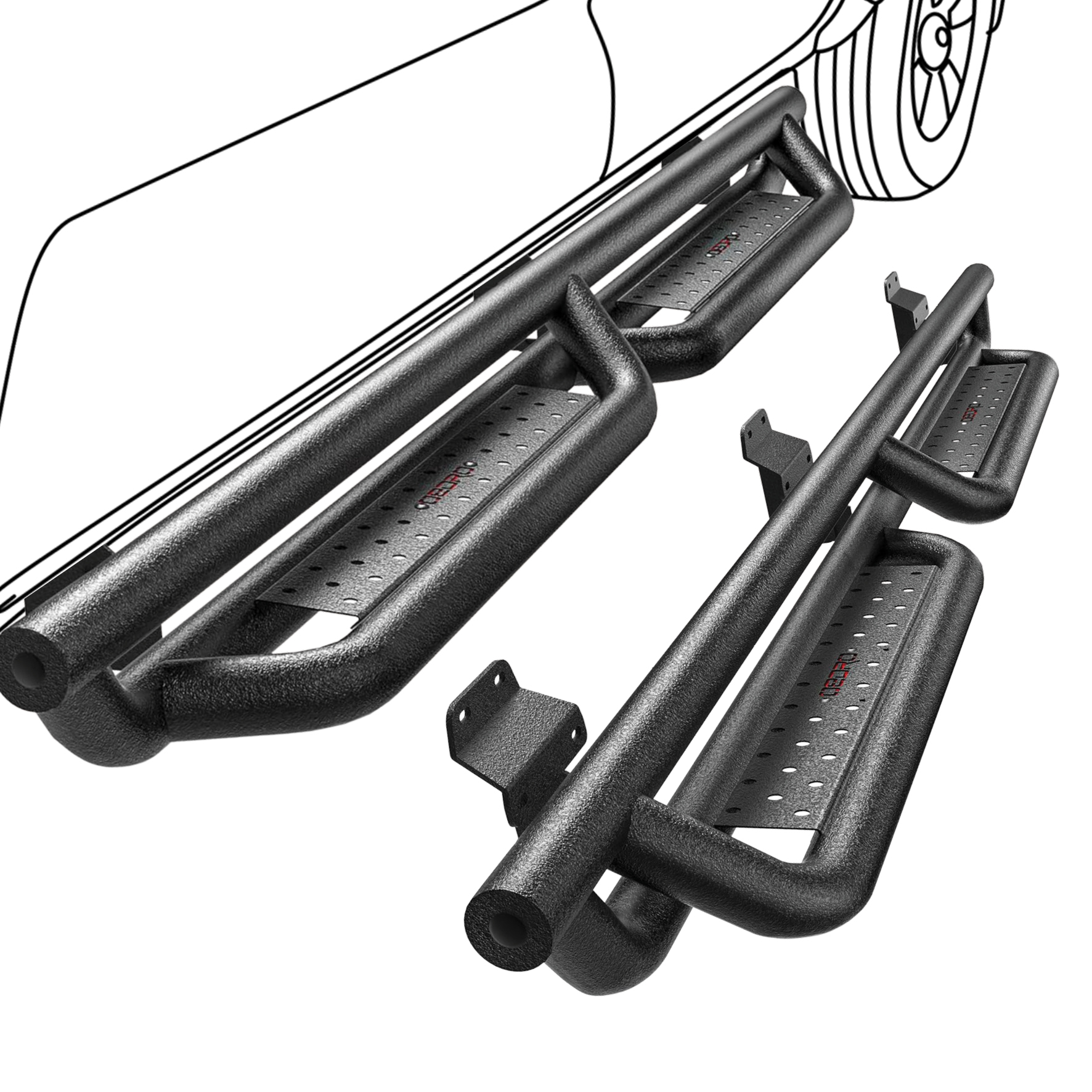 Side view of OEDRO® Running Boards for 2015-2026 Ford F150 SuperCrew Cab, 2017-2026 Ford F250 F350 Super Duty Crew Cab, Powder Coated Drop Side Step