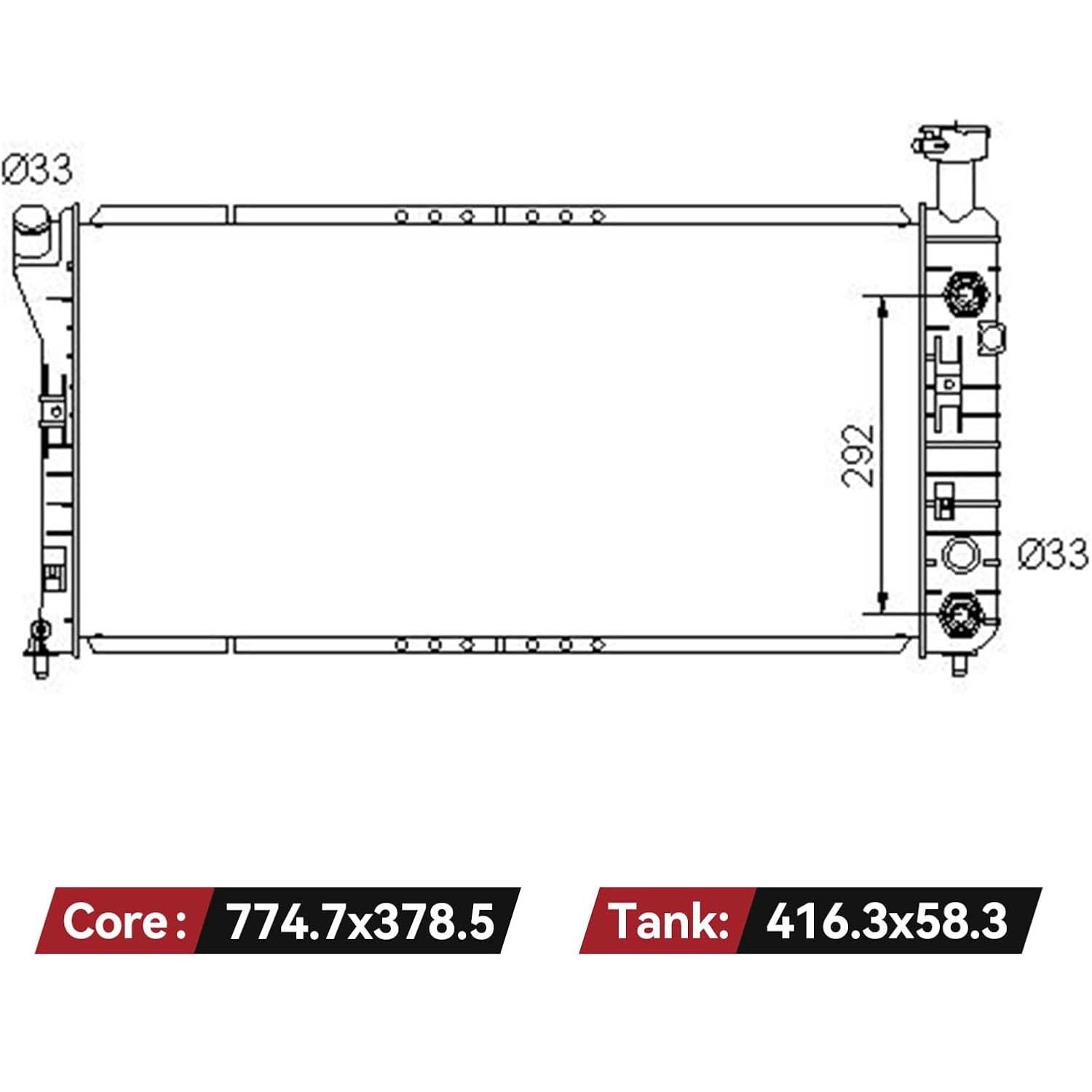 Side view of YITAMOTOR Aluminum Radiator - Direct Fit for 00-05 Buick Regal/Century, Chevy Impala/Monte Carlo | 3.1L 3.4L 3.8L V6