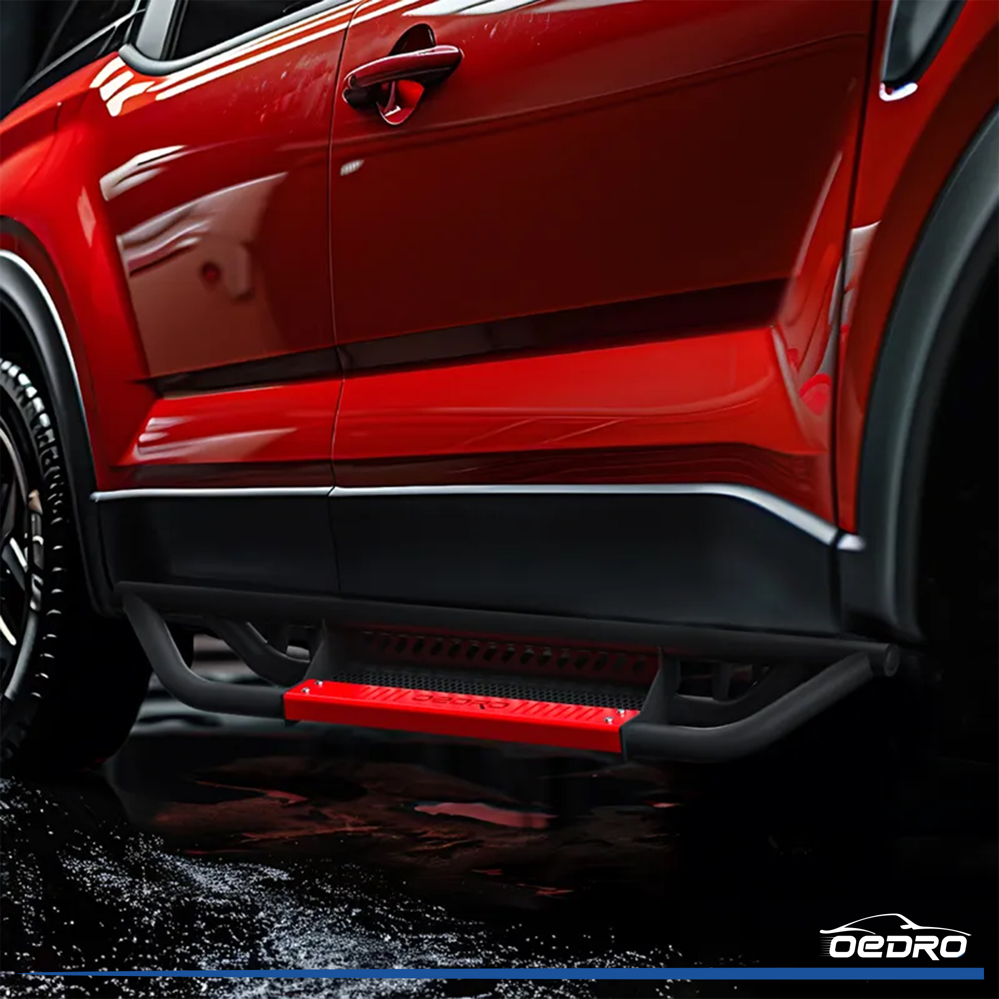 Side view of OEDRO® Running Boards Drop Side Steps for 2021-2024 Ford Bronco 2 Door, All Steel Nerf Bar Red Paintable Step Plates
