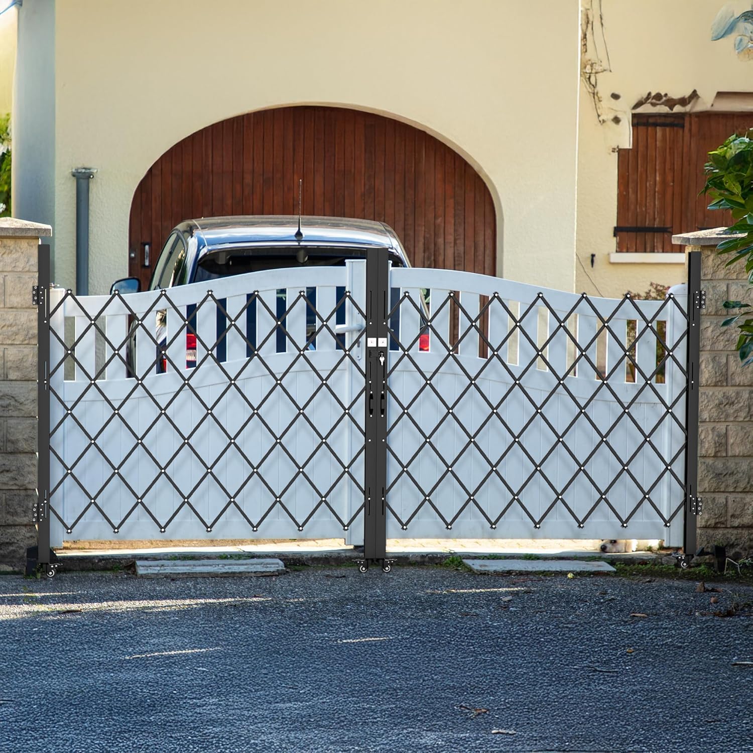 Side view of YITAMOTOR 61" H x 130" W Double Folding Security Gate - Expandable Steel Barricade with Aluminum Mesh