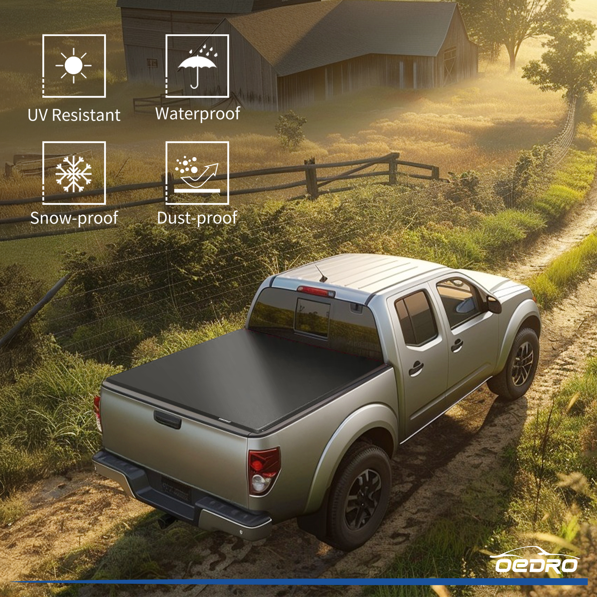 Side view of OEDRO 6ft Soft Tri-Fold Truck Bed Tonneau Cover Compatible with 2005-2021 Nissan Frontier (NOT for México) 6 Feet Bed
