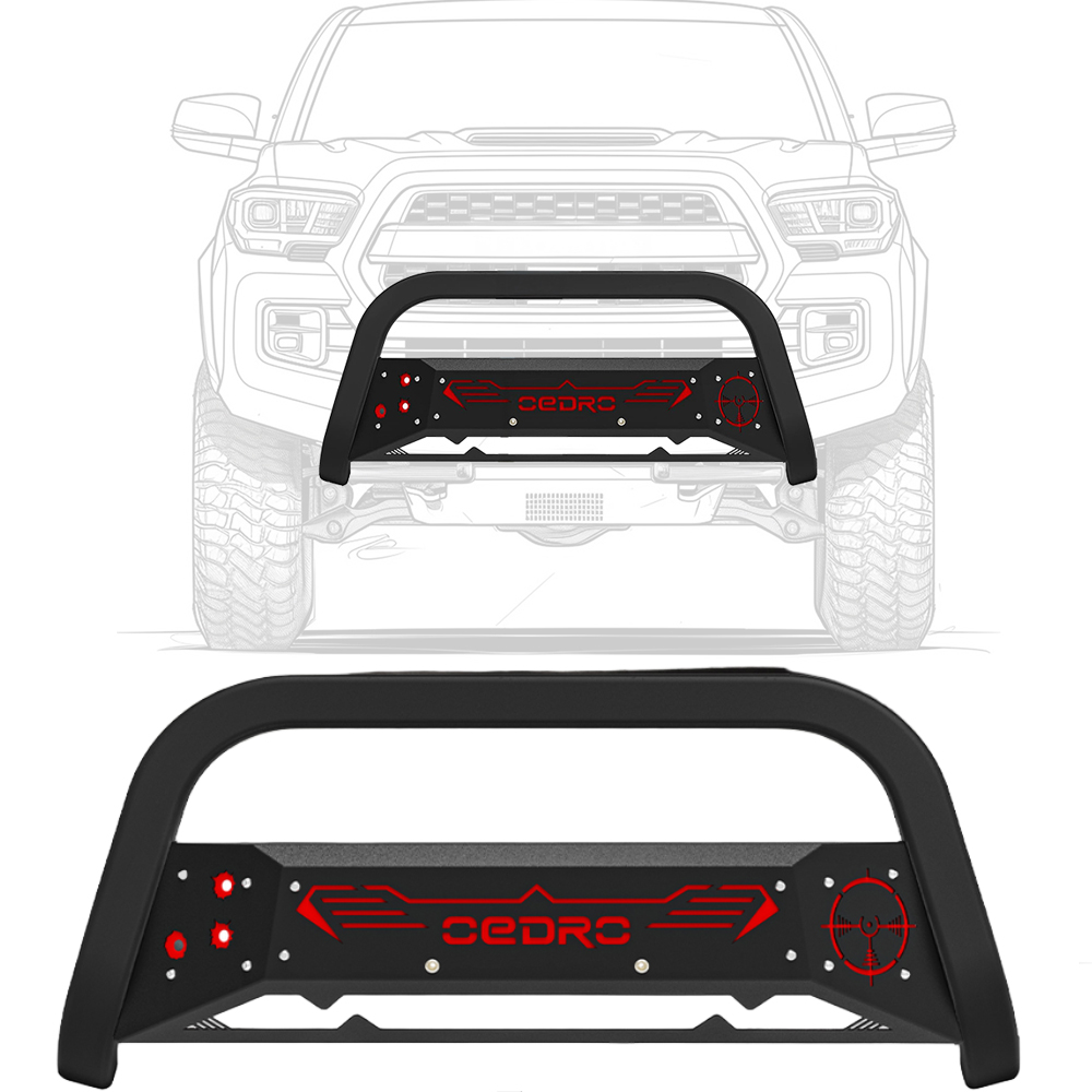 Side view of Bull Bar for 2016-2022 Toyota Tacoma w/Red and Black Skid Plate Light Mount