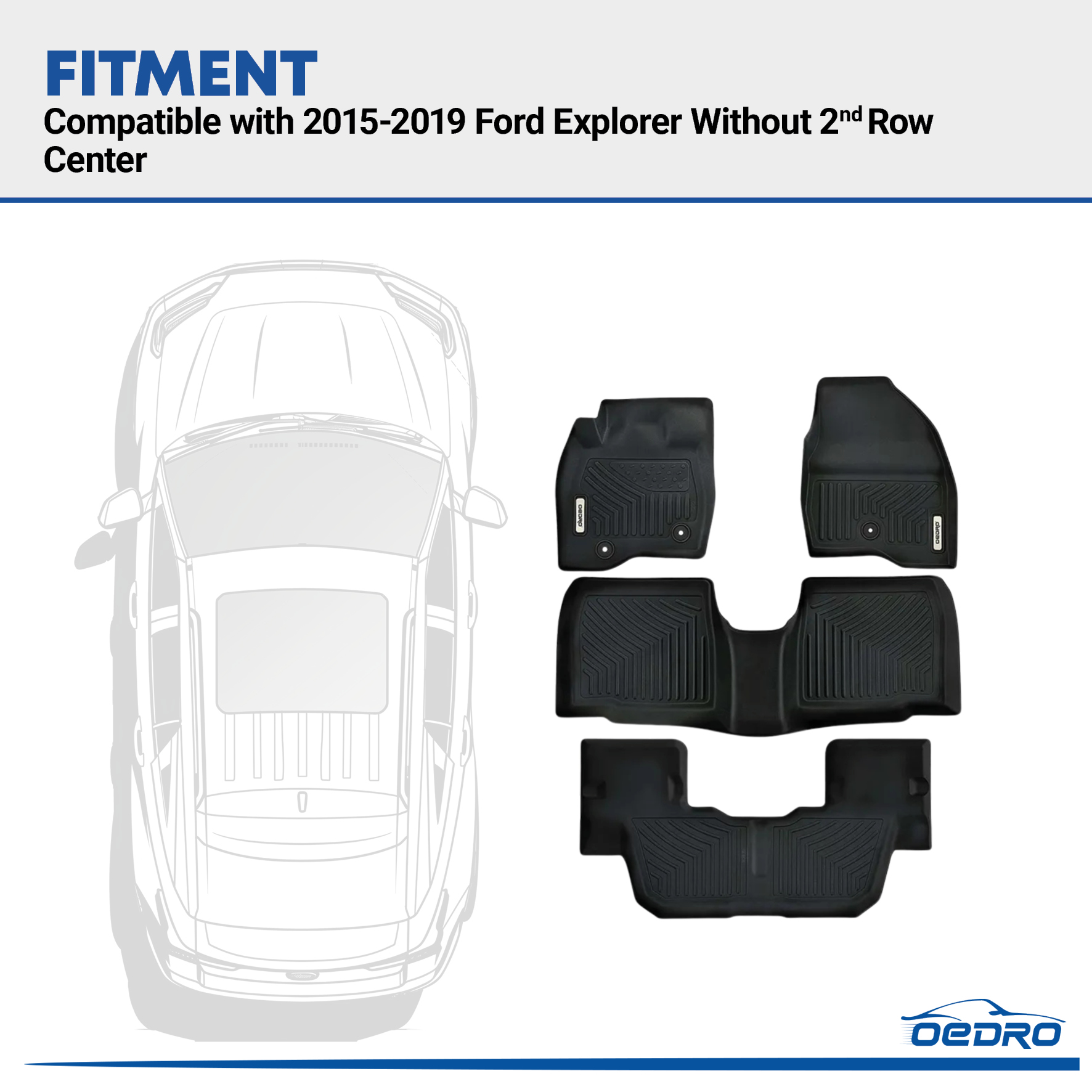Side view of OEDRO Floor Mats Fit for 2015-2019 Ford Explorer Without 2nd Row Center Console,7 Seaters Only TPE All Weather Car Mats Accessories Includes 1st 2nd a