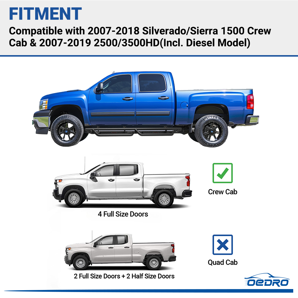 Side view of OEDRO 6'' Running Boards for 2007-2018 Silverado/Sierra 1500 Crew Cab & 2007-2019 2500/3500HD(Incl. Diesel Model)
