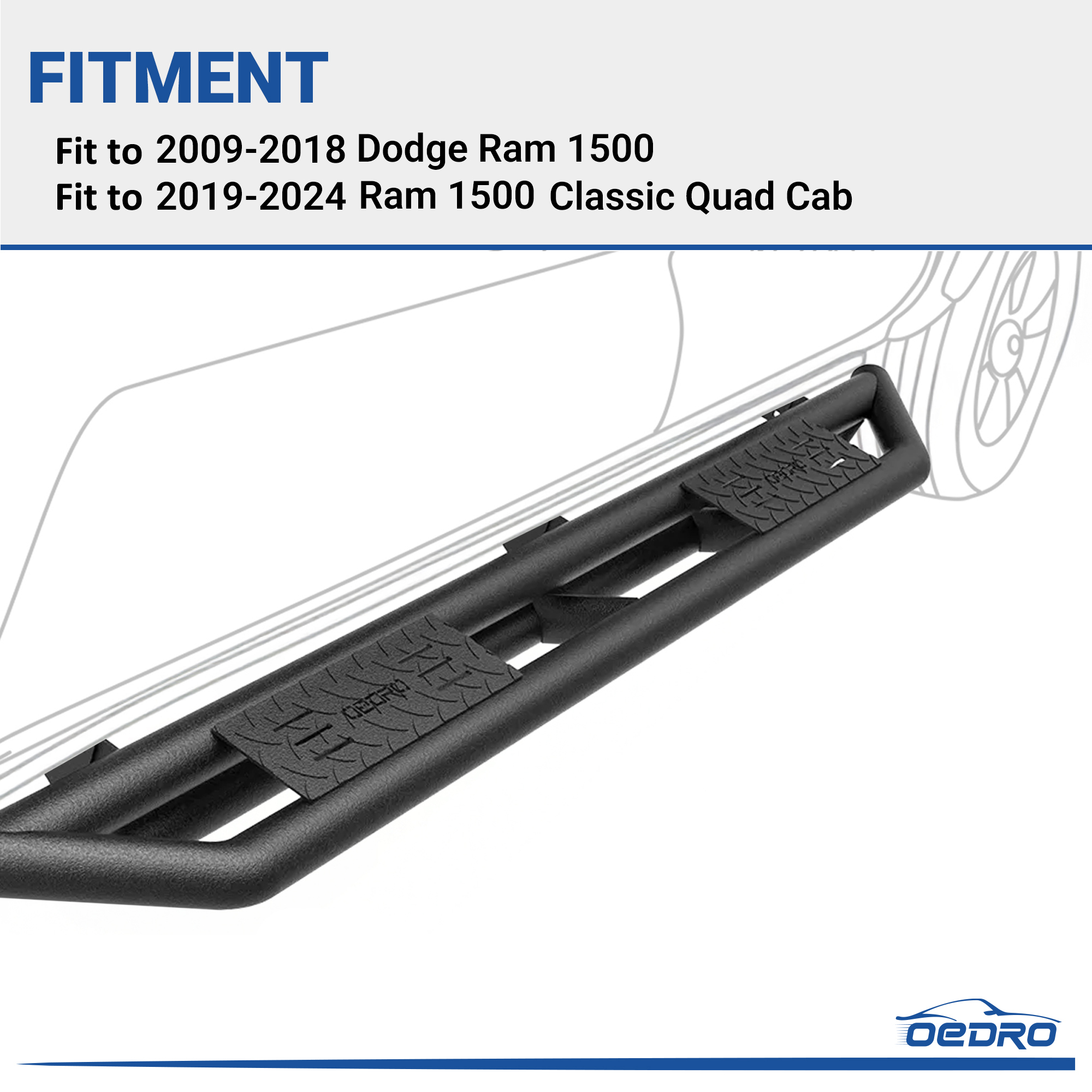 Side view of OEDRO 6" Running Boards for 2009-2018 Ram 1500 2019-2024 Ram 1500 Classic Quad Cab, Black Heavy Duty Truck Nerf Bars