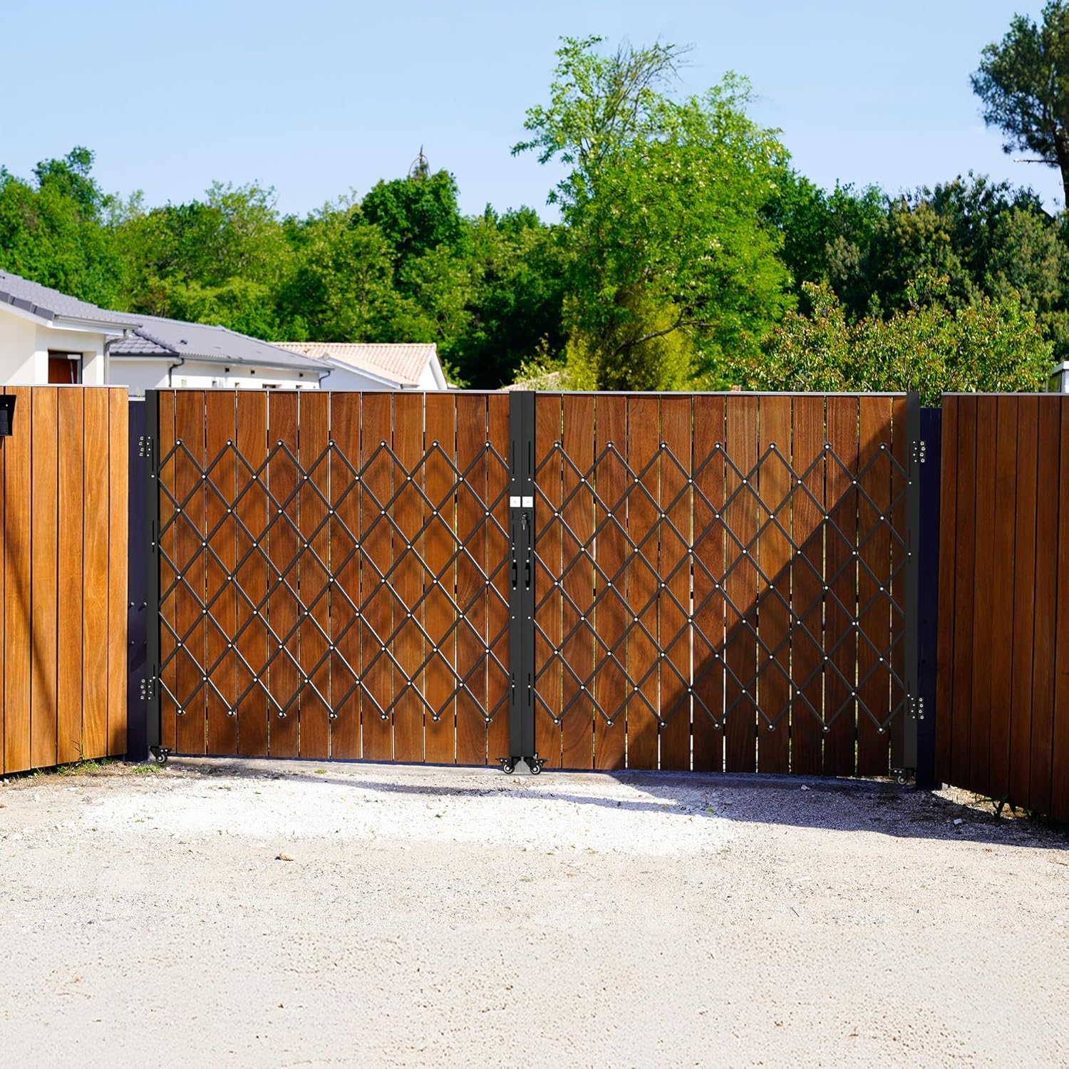 Side view of YITAMOTOR 61" H x 130" W Double Folding Security Gate - Expandable Steel Barricade with Aluminum Mesh