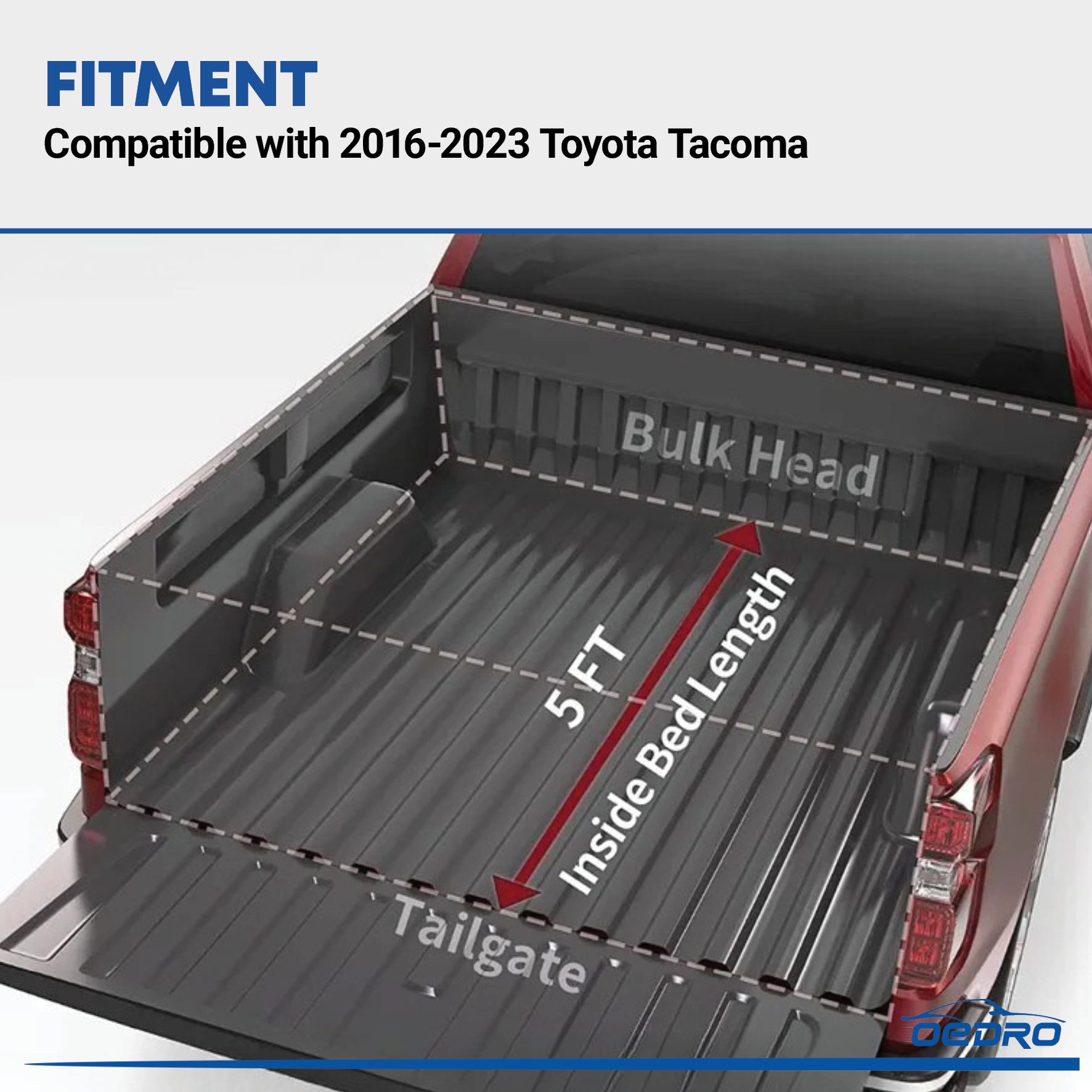 Side view of OEDRO 5ft Soft Roll Up Tonneau Cover for 2016-2023 Toyota Tacoma (Excl. Trail) with Track Rail System