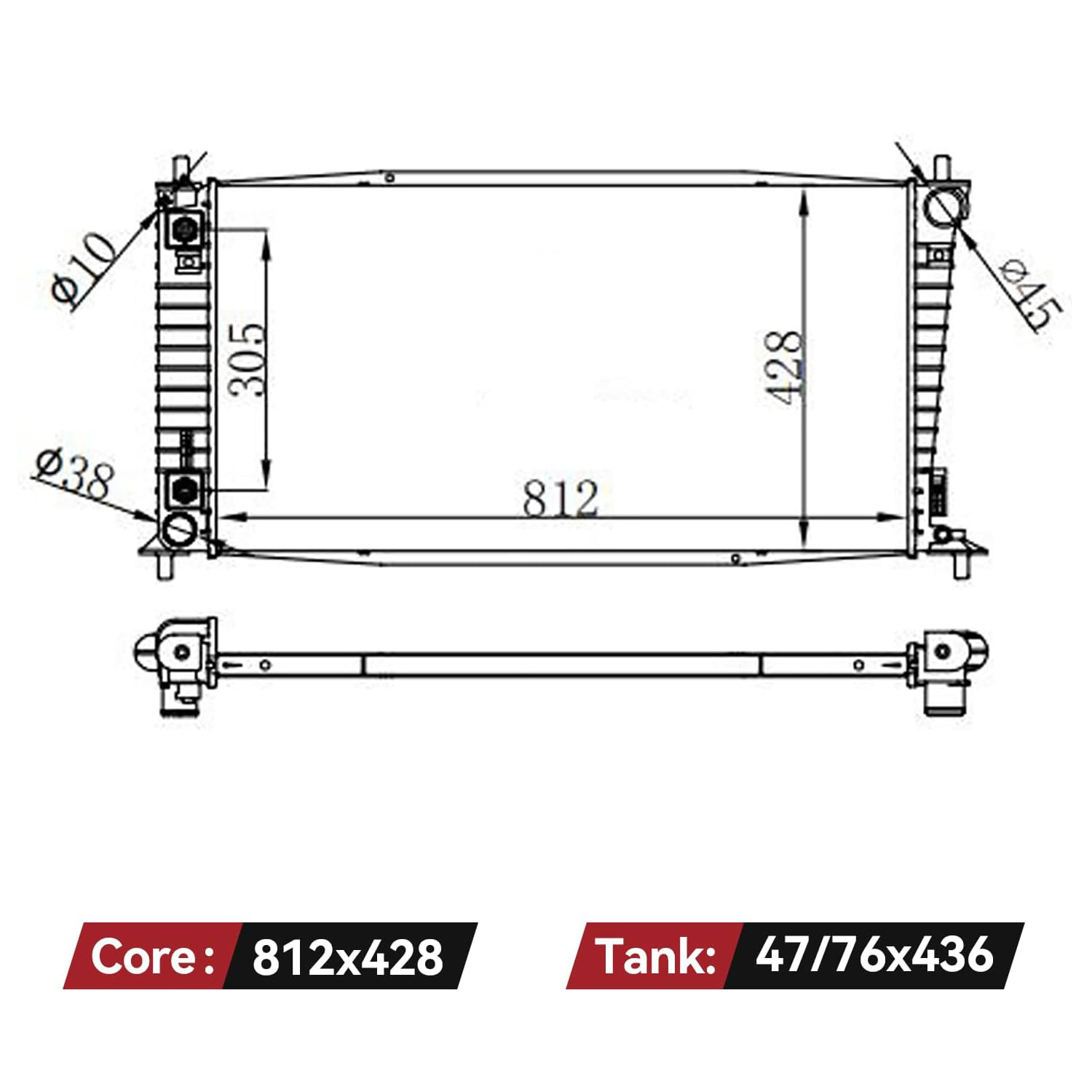 Side view of YITAMOTOR Aluminum Core Radiator - Direct Fit for 2004-2008 Ford/Lincoln Trucks & SUVs | 4.2L-5.4L V6 V8