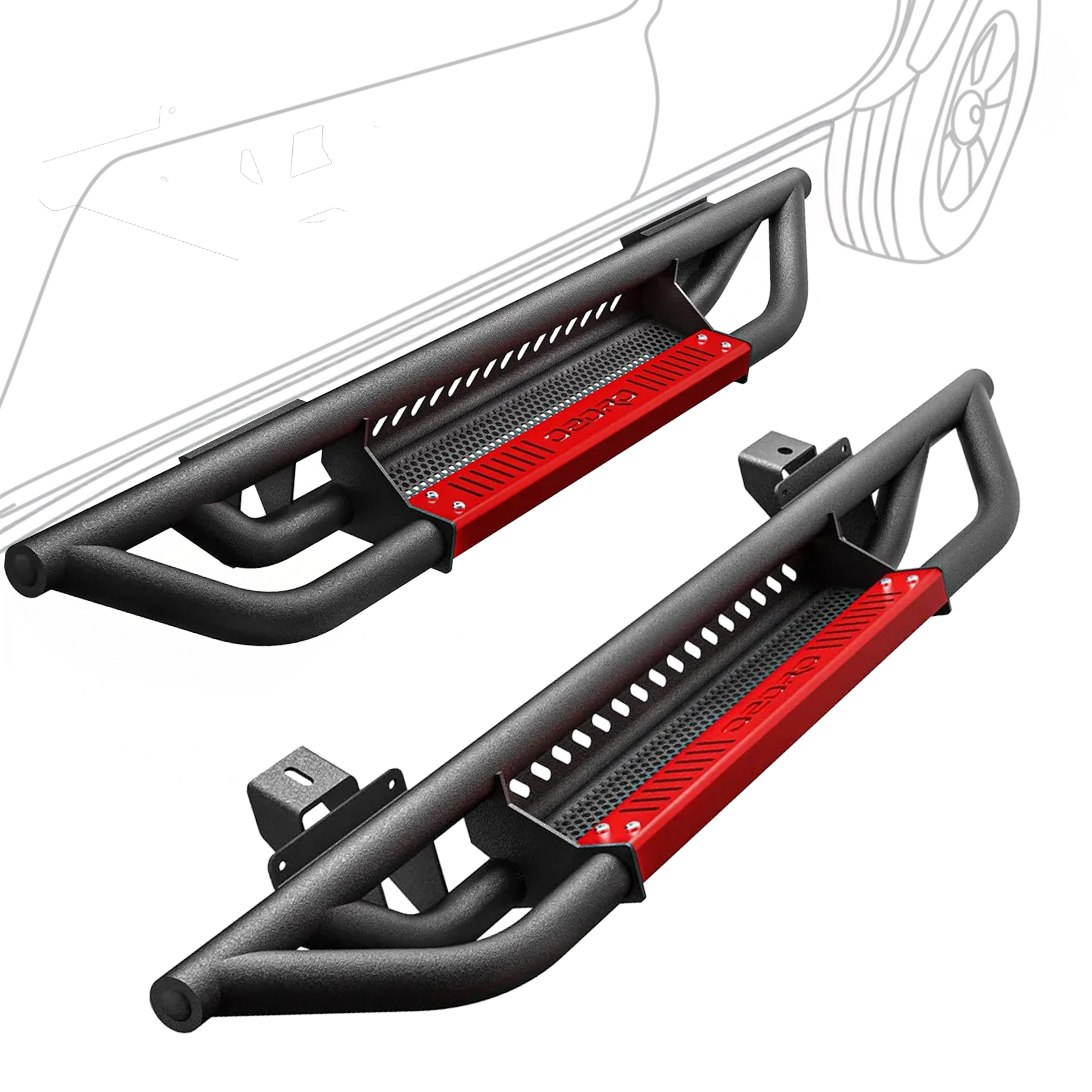 Side view of OEDRO® Running Boards Drop Side Steps for 2021-2024 Ford Bronco 2 Door, All Steel Nerf Bar Red Paintable Step Plates