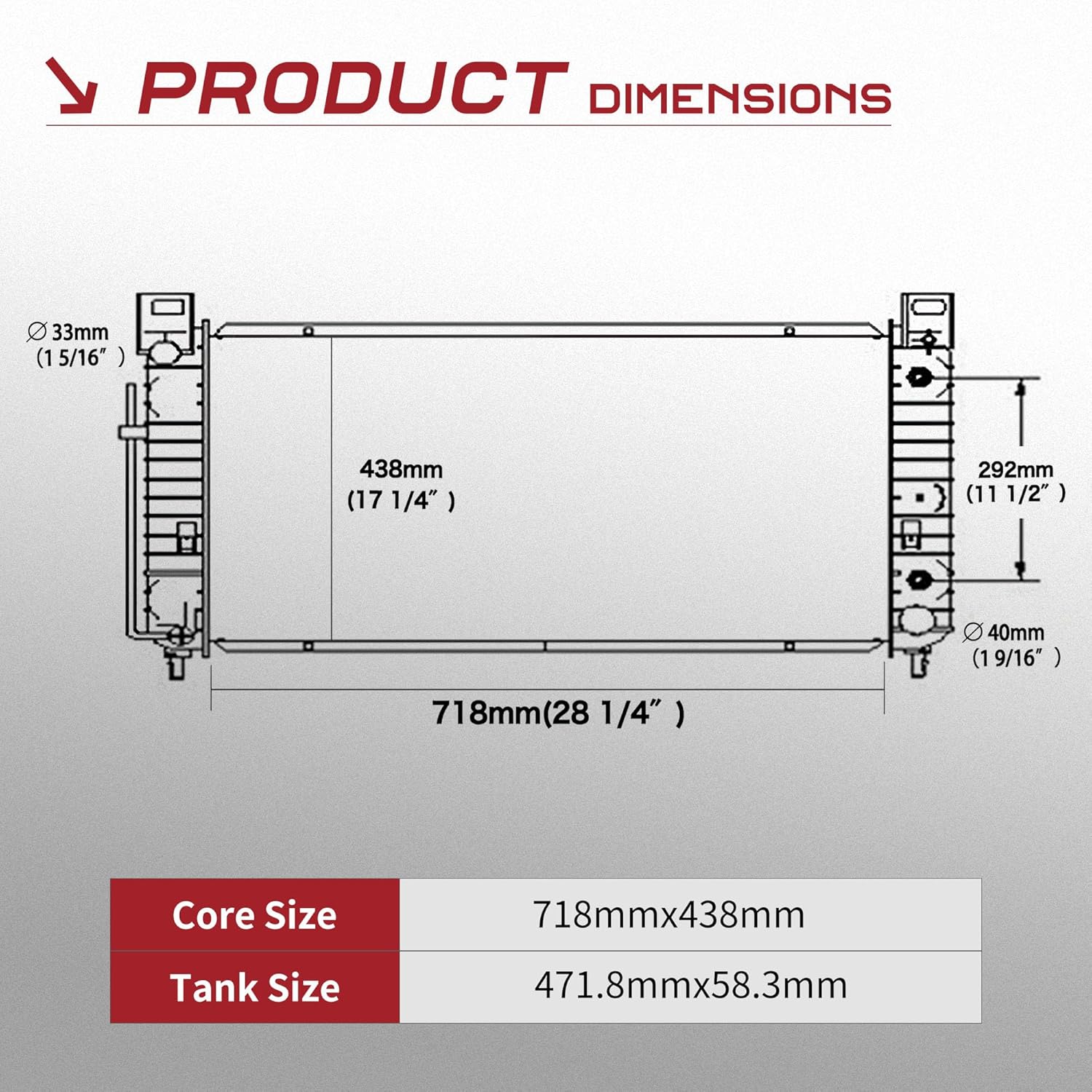 Side view of YITAMOTOR 28" Core Aluminum Radiator - Direct Fit for 99-06 GM Trucks/SUVs | 4.3L to 6.0L V8 Compatible