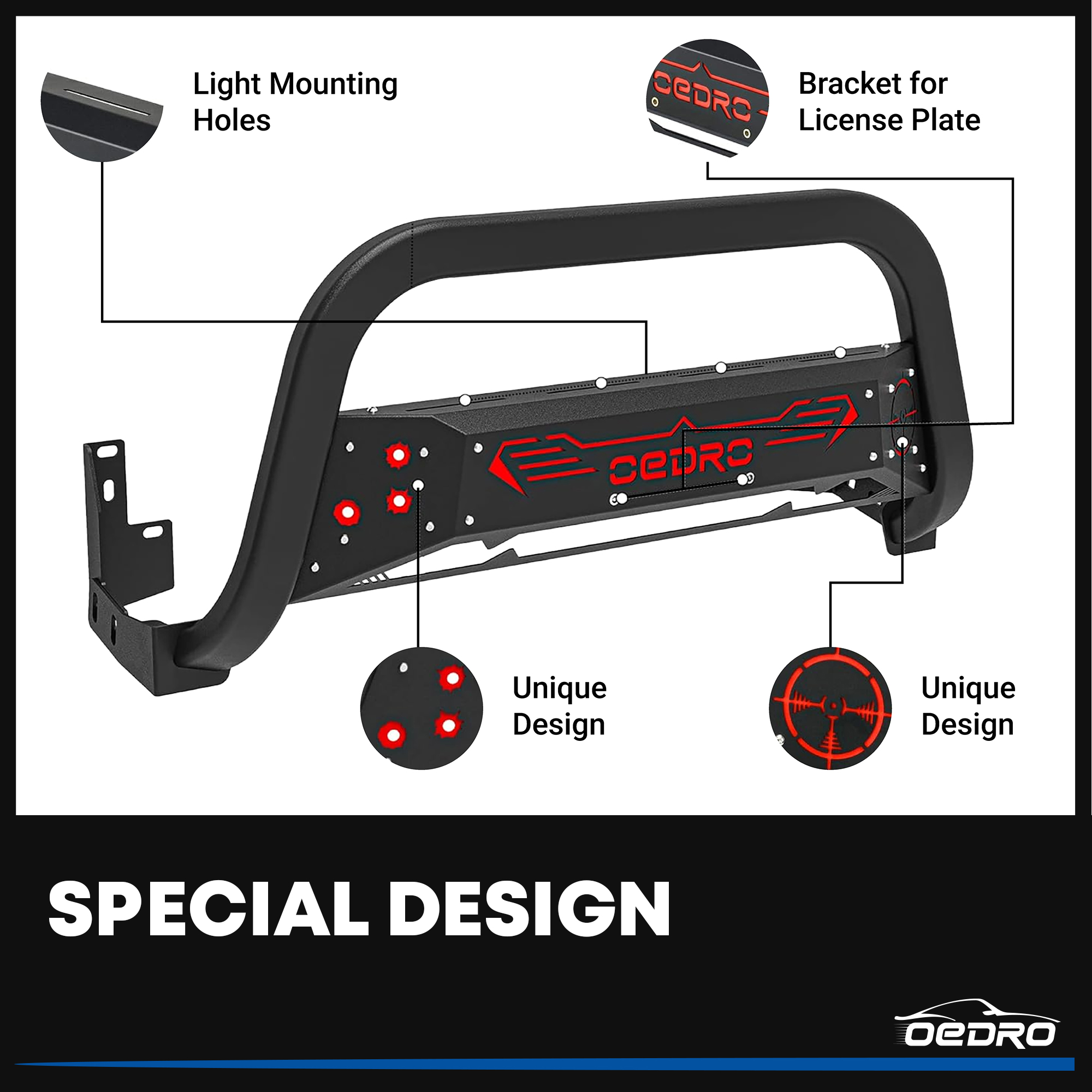 Side view of Bull Bar for 2016-2022 Toyota Tacoma w/Red and Black Skid Plate Light Mount