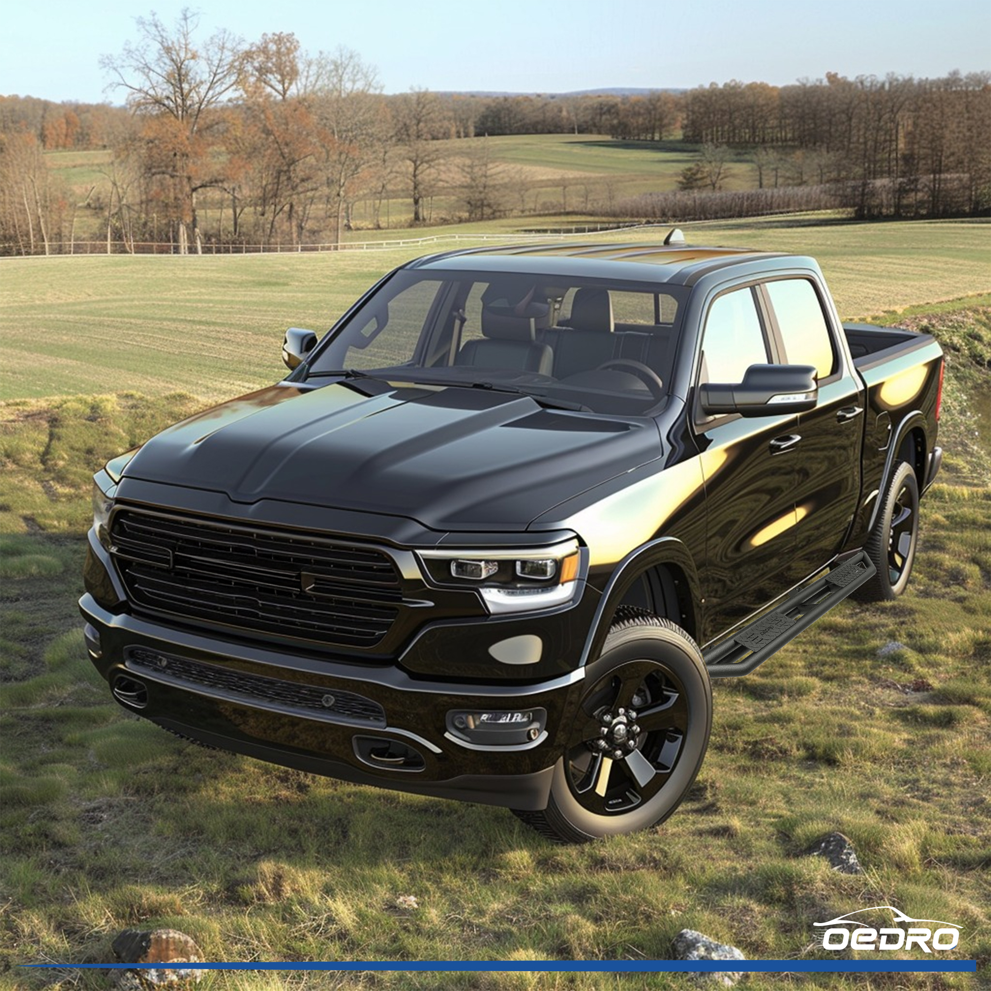 Side view of OEDRO 6" Running Boards for 2009-2018 Ram 1500 2019-2024 Ram 1500 Classic Quad Cab, Black Heavy Duty Truck Nerf Bars