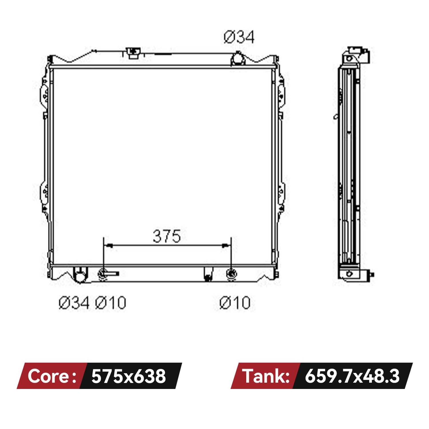 Side view of YITAMOTOR Aluminum Radiator - Direct Fit for 1996-2002 Toyota 4Runner | 2.7L L4 & 3.4L V6 Engines