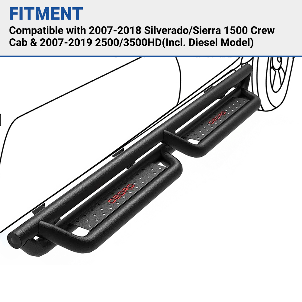 Side view of OEDRO 6'' Running Boards for 2007-2018 Silverado/Sierra 1500 Crew Cab & 2007-2019 2500/3500HD(Incl. Diesel Model)