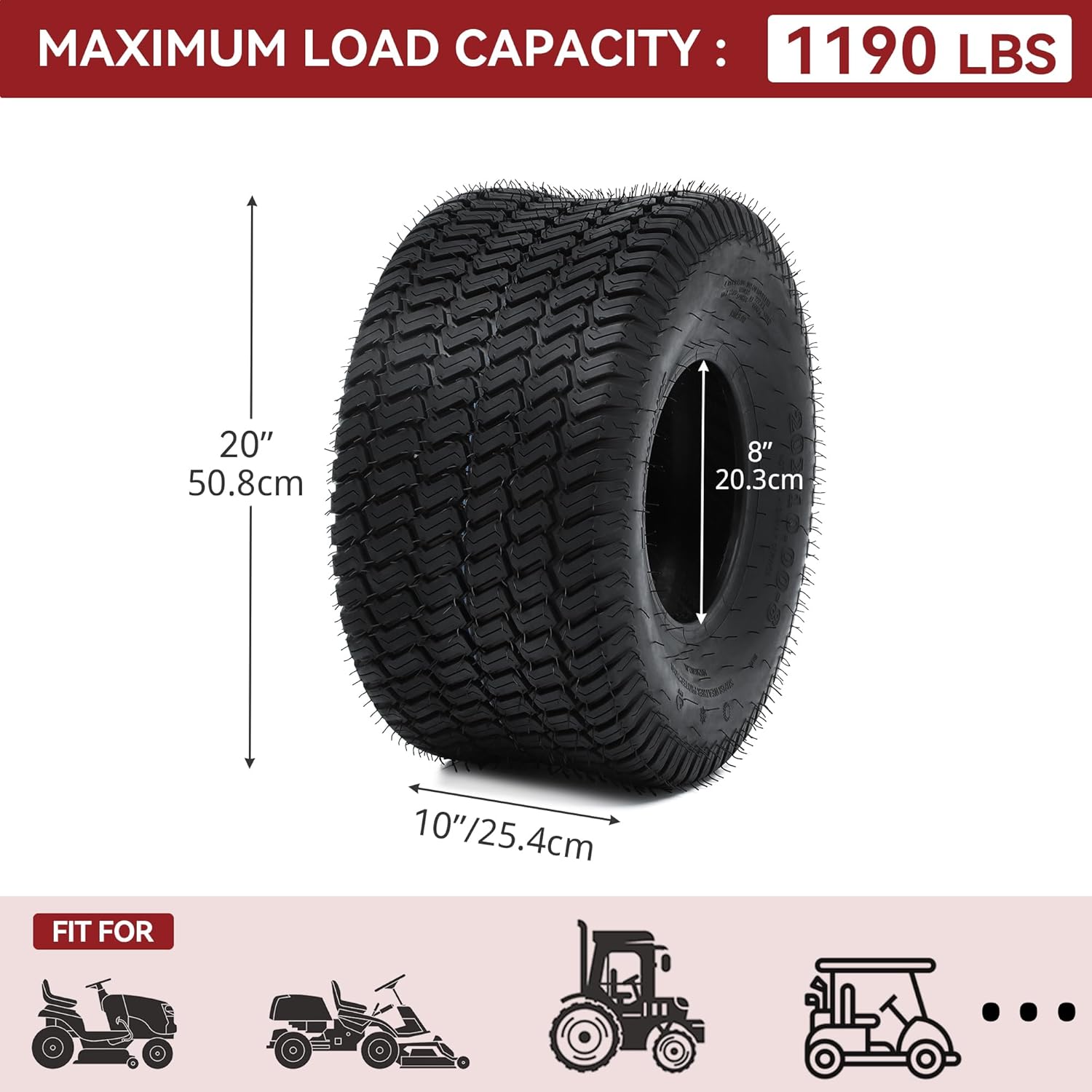 Side view of YITAMOTOR 20x10-8 4-Ply Lawn Mower Tires - Set of 2 for Tractors, Golf Carts & Outdoor Equipment