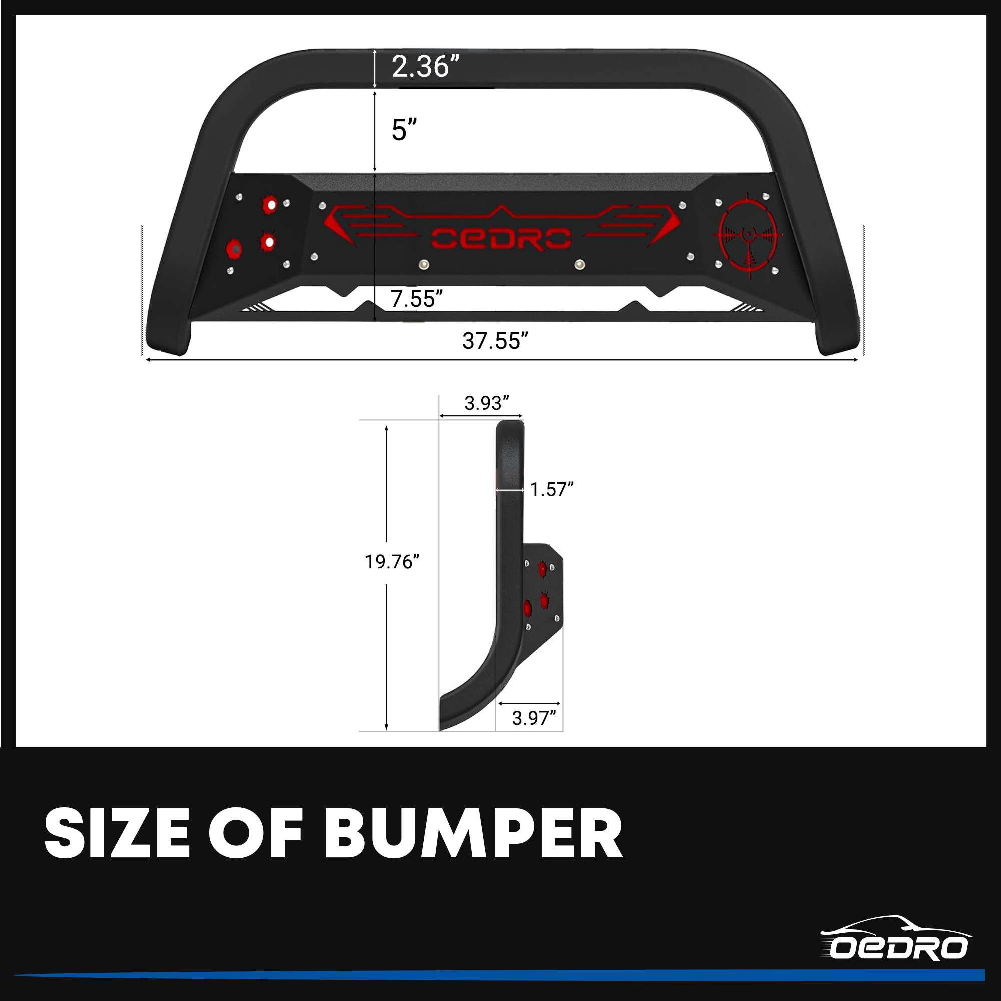 Side view of Bull Bar for 2016-2022 Toyota Tacoma w/Red and Black Skid Plate Light Mount