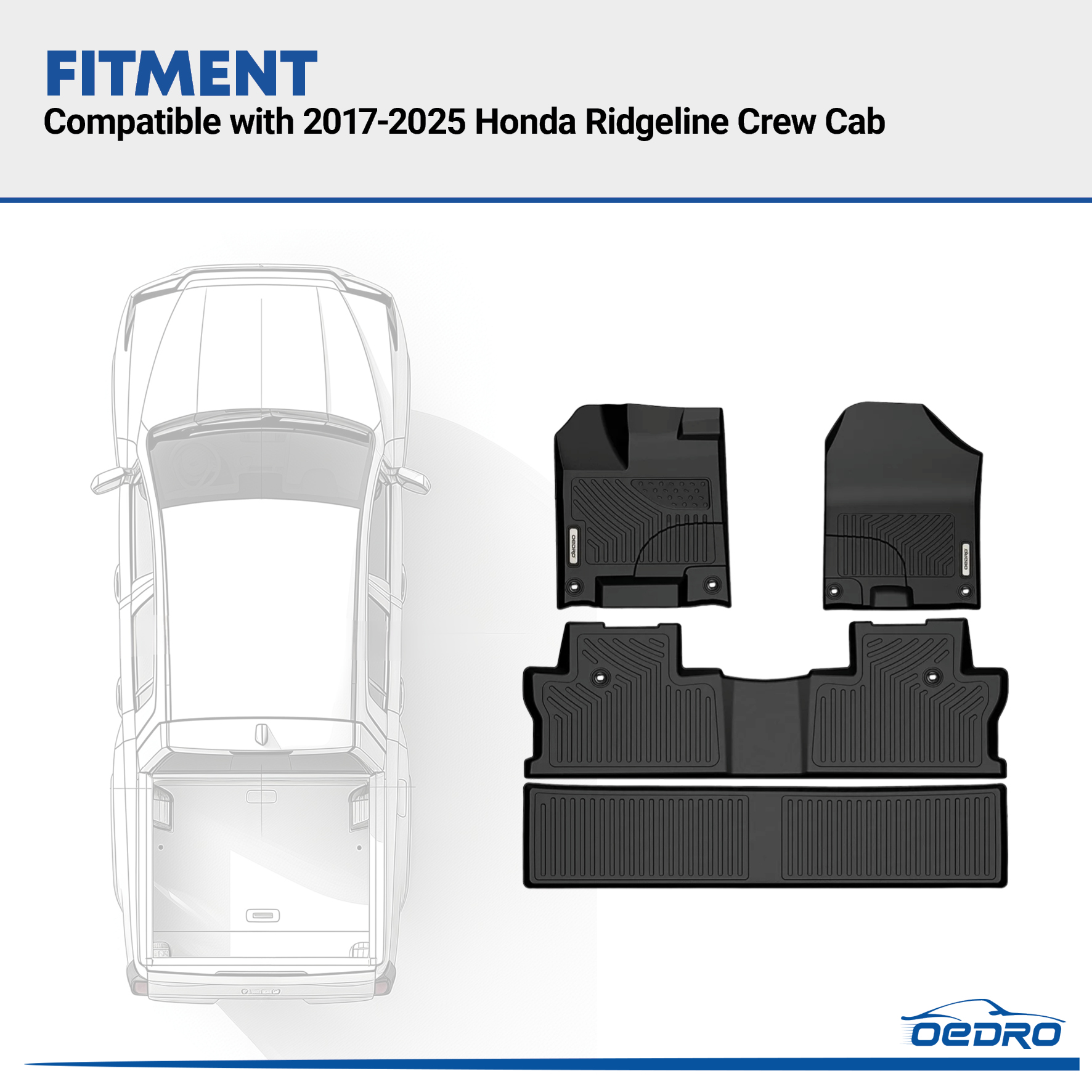 Side view of OEDRO Floor Mats for 2017-2025 Honda Ridgeline Crew Cab, All-Weather Guard 3 Row Liner Set
