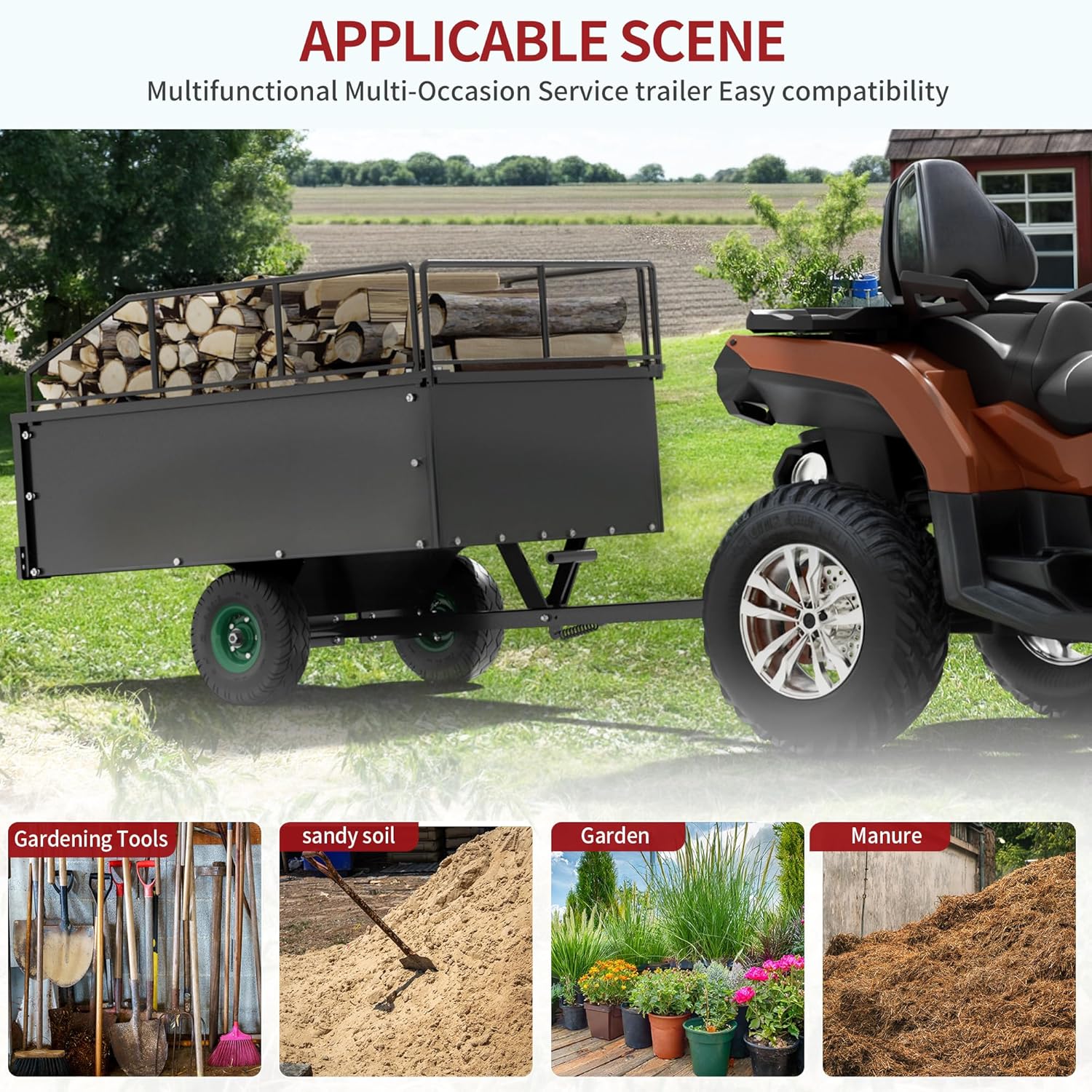 Side view of 15 Cu Ft ATV Lawn Mower Dump Trailer | 750 lbs Capacity Tow Behind Cart | YITAMOTOR