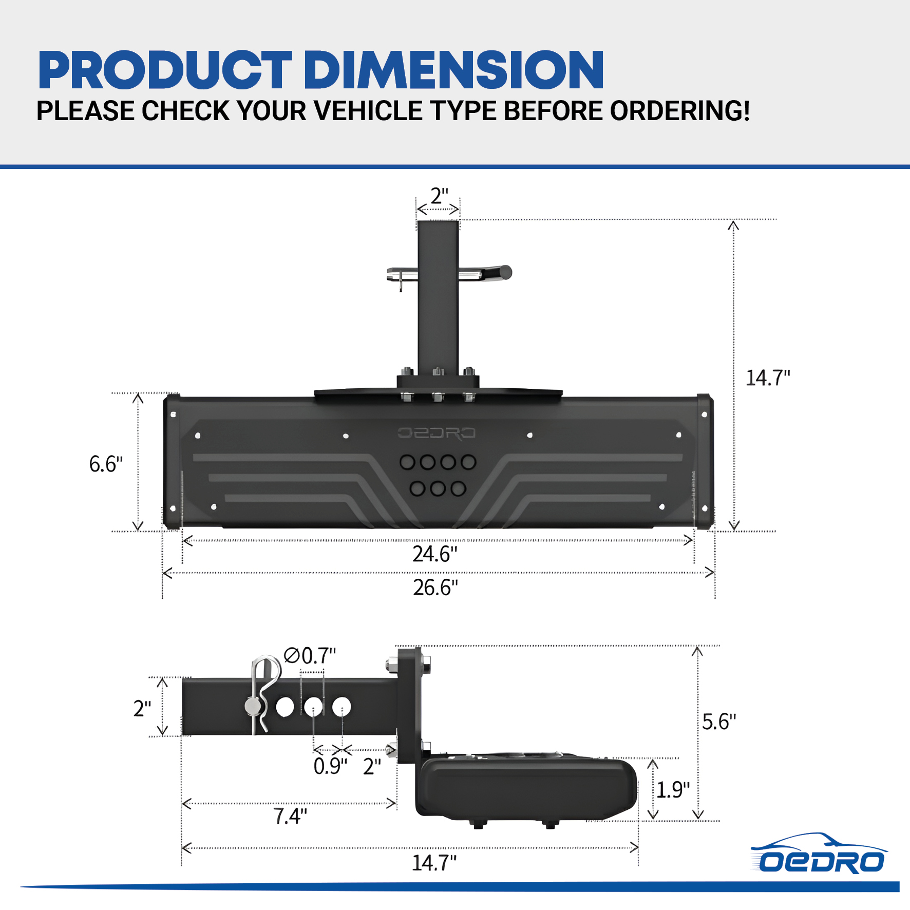 Side view of OEDRO® Black Aluminum Towing Hitch Steps with 2" Hitch Receiver, Rear Bumper Guard Protector