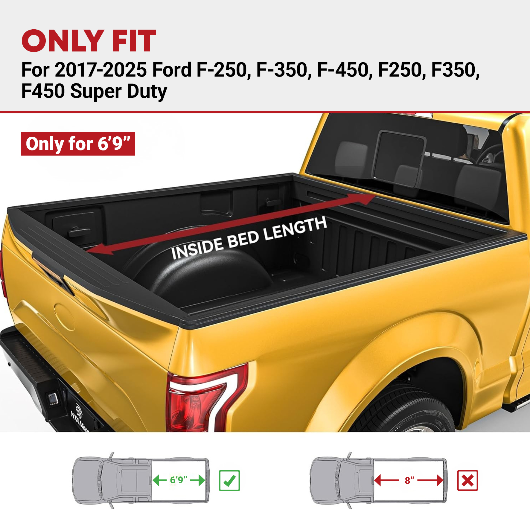 Side view of Soft Quad Fold Truck Bed Tonneau Cover Fits for Ford F-250 F-350 F-450 F250 F350 F450 Super Duty 2017-2025, 6.75 ft Bed