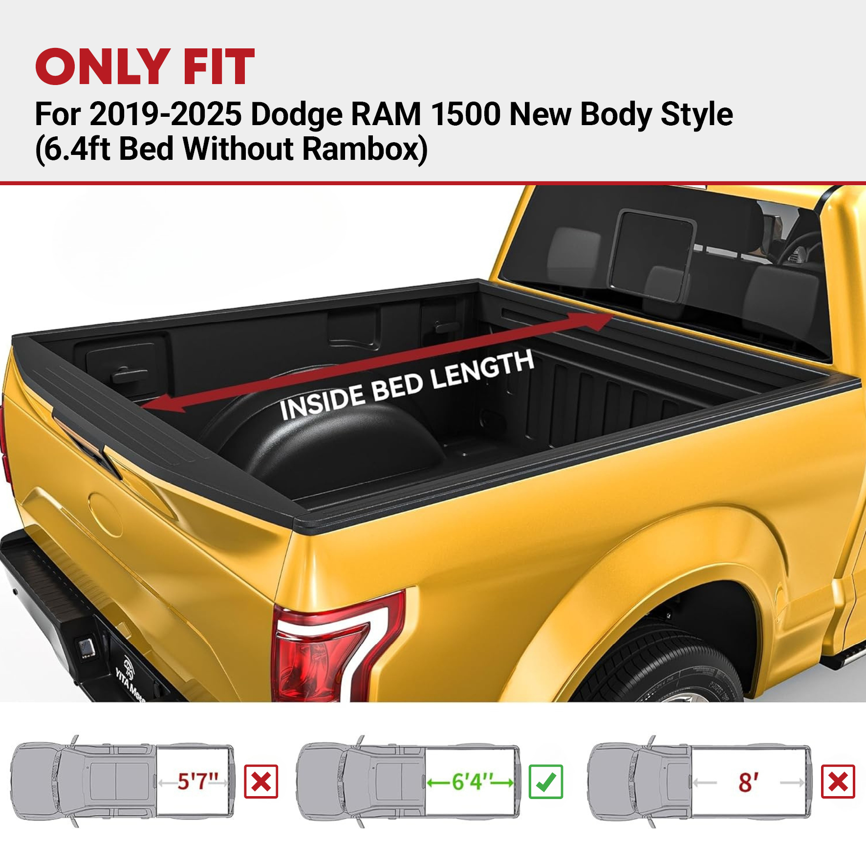 Side view of YITAMOTOR® Soft Roll Up Truck Bed Tonneau Cover Compatible with 2019-2025 Dodge Ram 1500 New Body Style 6.4 ft Bed Without Rambox