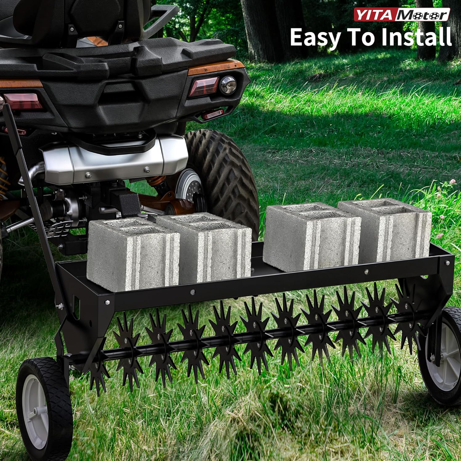Side view of 40" Tow Behind Lawn Aerator | Core Aerator for Soil with Transport Wheels | YITAMOTOR