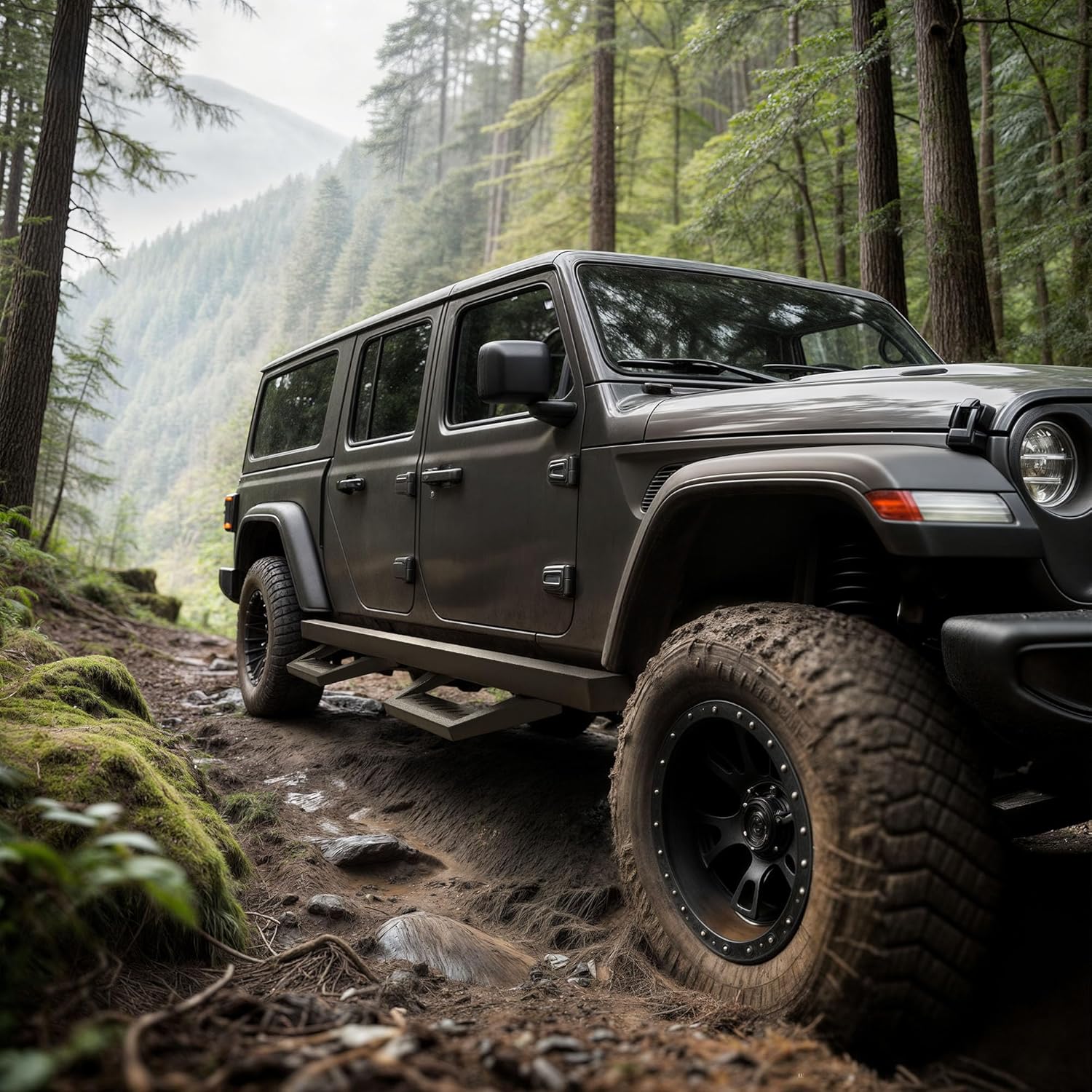 Side view of OEDRO Running Boards Compatible with 2018-2026 Jeep Wrangler JL JLU Unlimited 4 Doors, Drop Down Side Steps Rails, Black Steel Nerf Bars