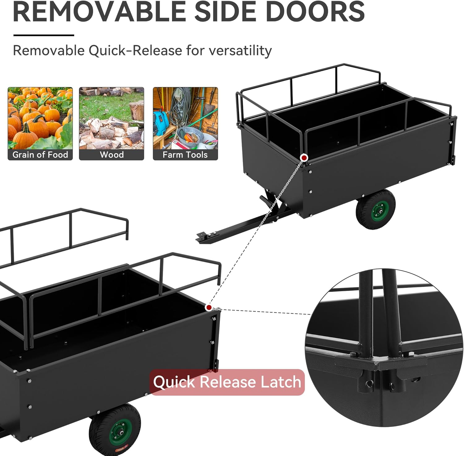 Side view of 15 Cu Ft ATV Lawn Mower Dump Trailer | 750 lbs Capacity Tow Behind Cart | YITAMOTOR