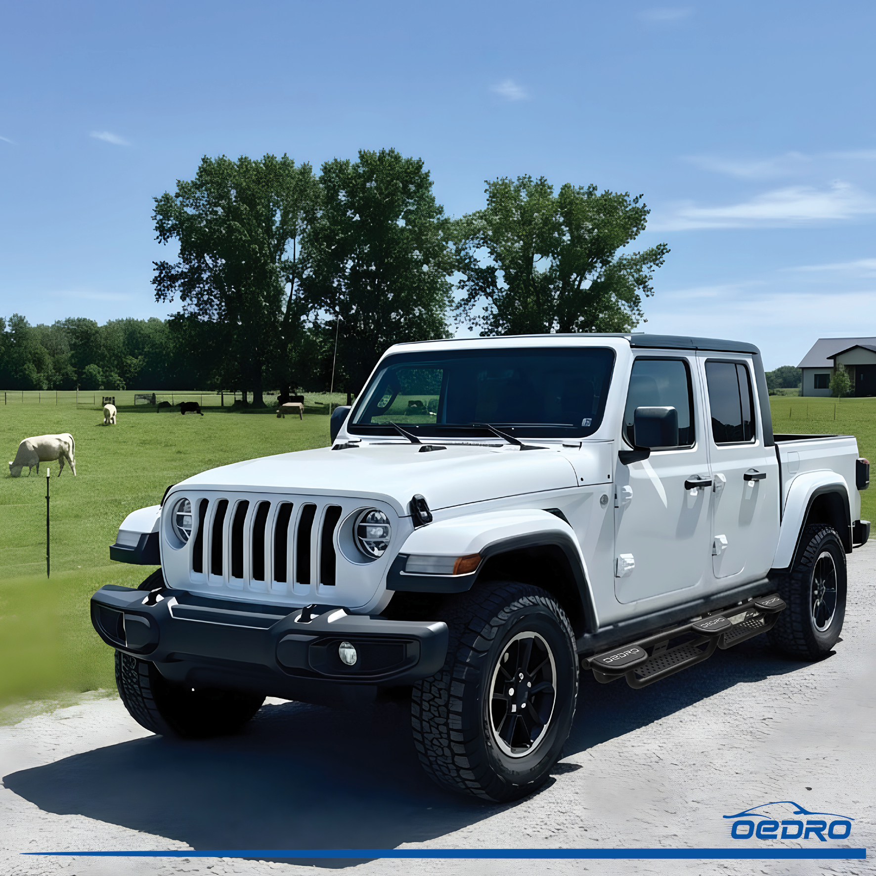 Side view of OEDRO Running Boards w/Three Raised Steps Compatible with 2020-2026 Jeep Gladiator JT 4 Door, Tri Convex Platform Side Steps, Bed Access Nerf Bar