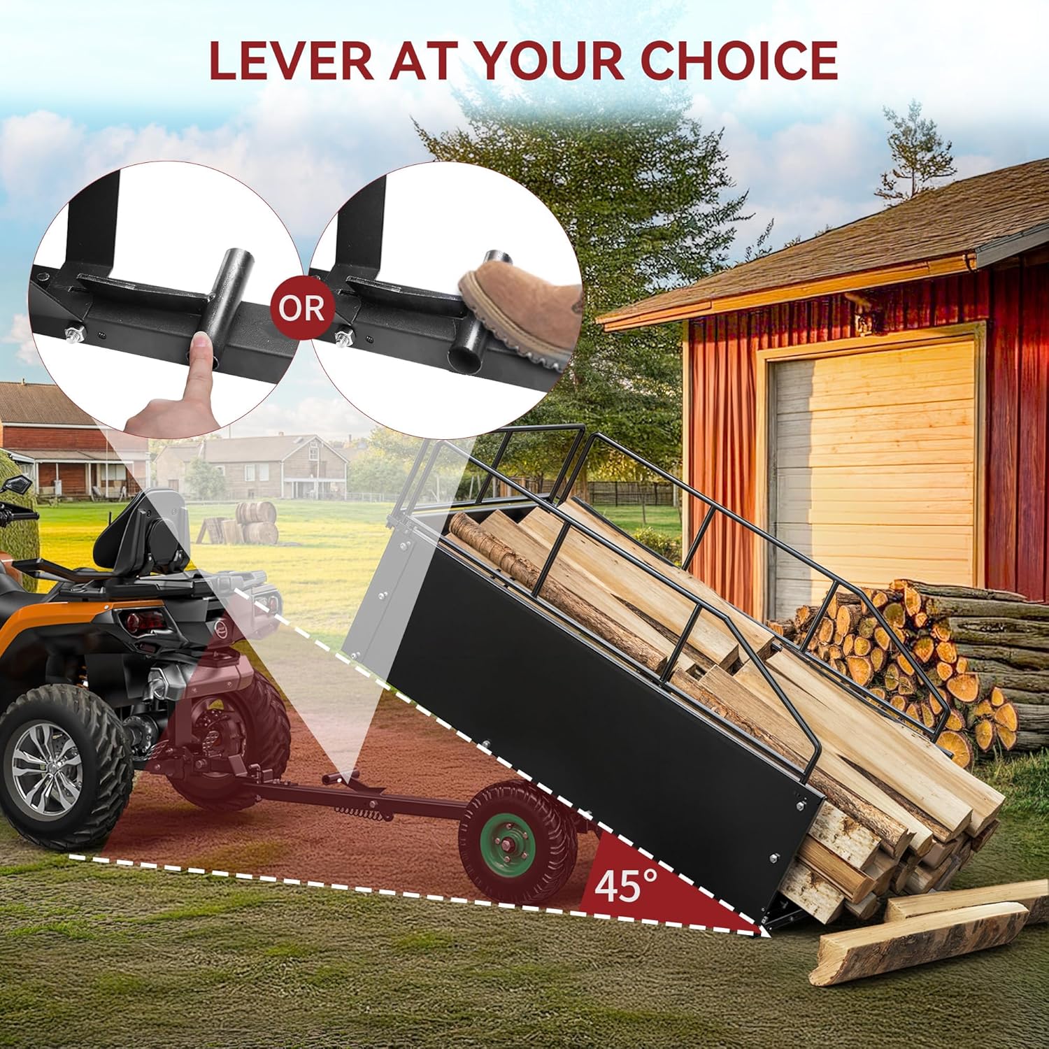 Side view of 15 Cu Ft ATV Lawn Mower Dump Trailer | 750 lbs Capacity Tow Behind Cart | YITAMOTOR