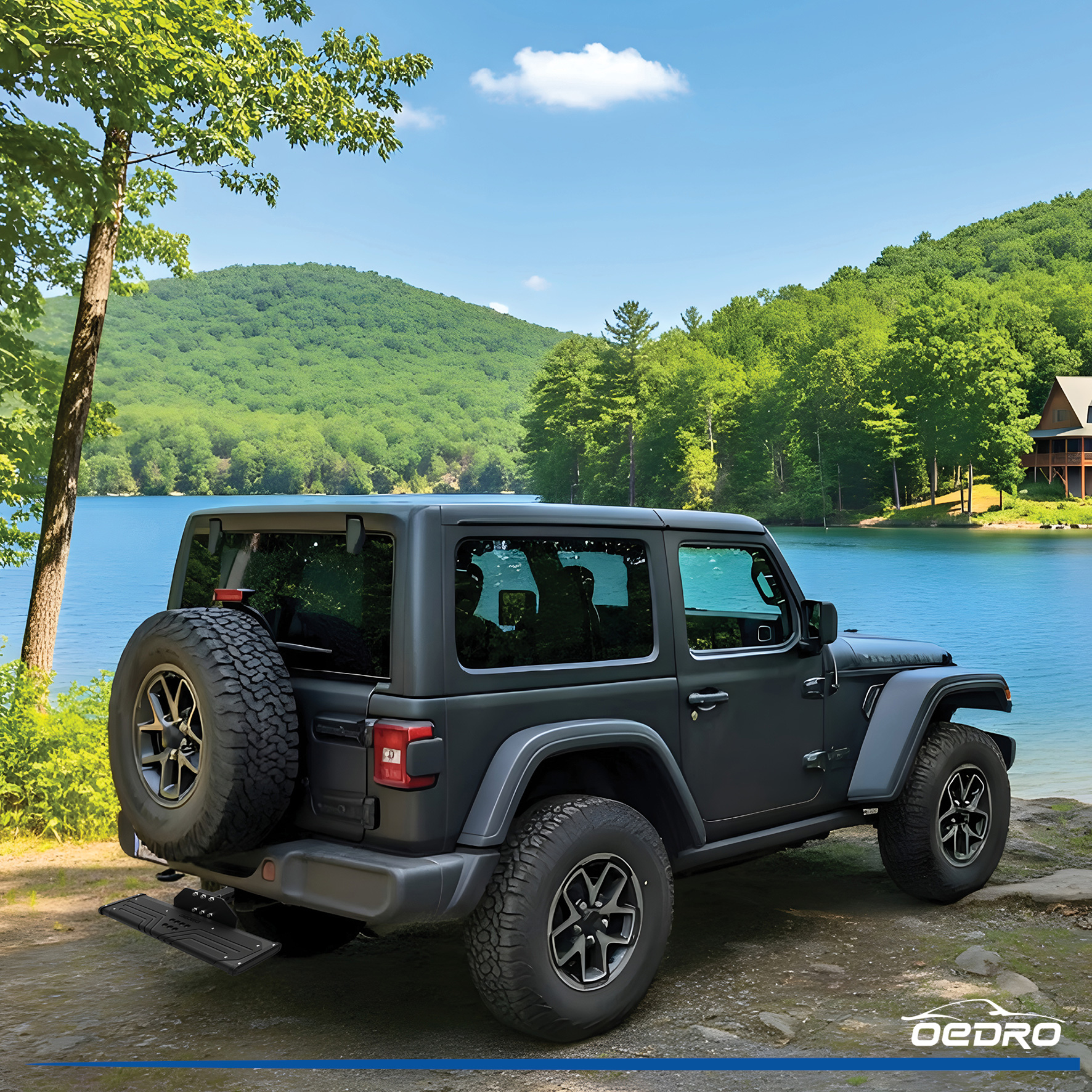 Side view of OEDRO® Black Aluminum Towing Hitch Steps with 2" Hitch Receiver, Rear Bumper Guard Protector