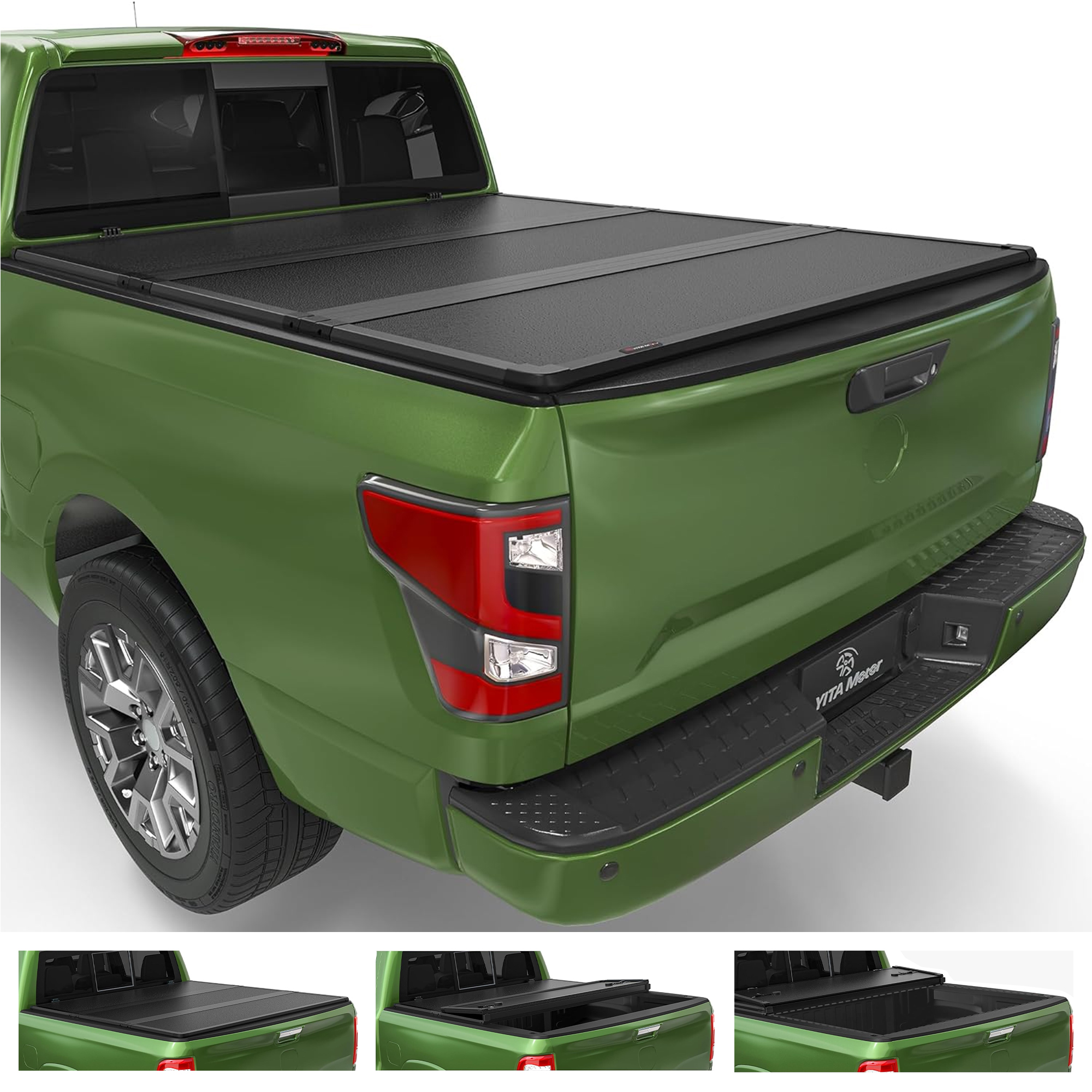 Side view of FRP Hard Tri Fold Truck Bed Tonneau Cover Fits for Nissan Titan with Utili-Track System 2017 2018 2019 2020 2021 2022 2023 2024, Fleetside 5.5 ft Bed