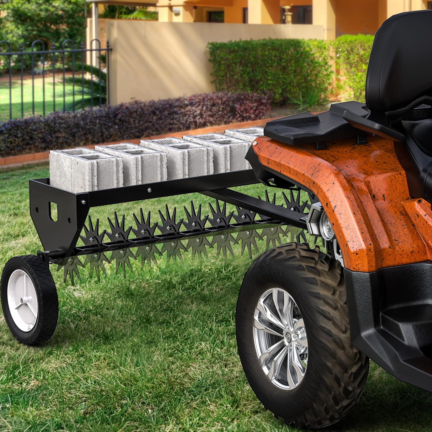 Side view of 40" Tow Behind Lawn Aerator | Core Aerator for Soil with Transport Wheels | YITAMOTOR