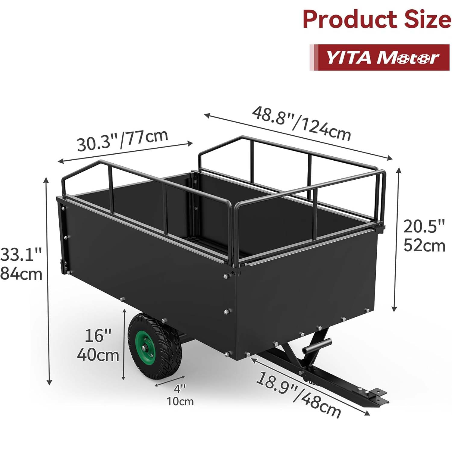 Side view of 15 Cu Ft ATV Lawn Mower Dump Trailer | 750 lbs Capacity Tow Behind Cart | YITAMOTOR