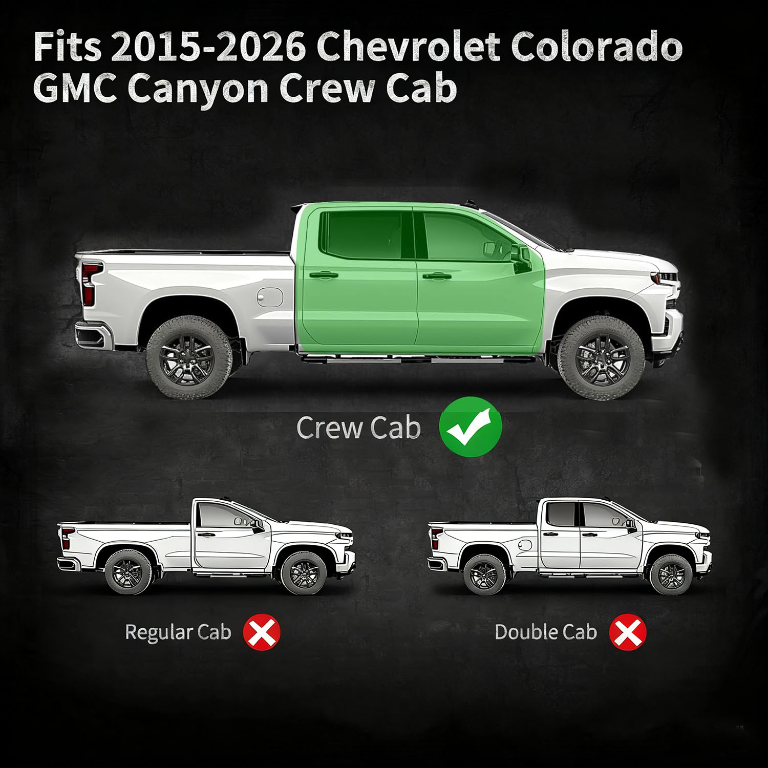 Side view of 6" Running Boards Dual Convex Platform for 2015-2026 Chevy Colorado/GMC Canyon Crew Cab, Bolt-on Side Steps Steel Nerf Bars