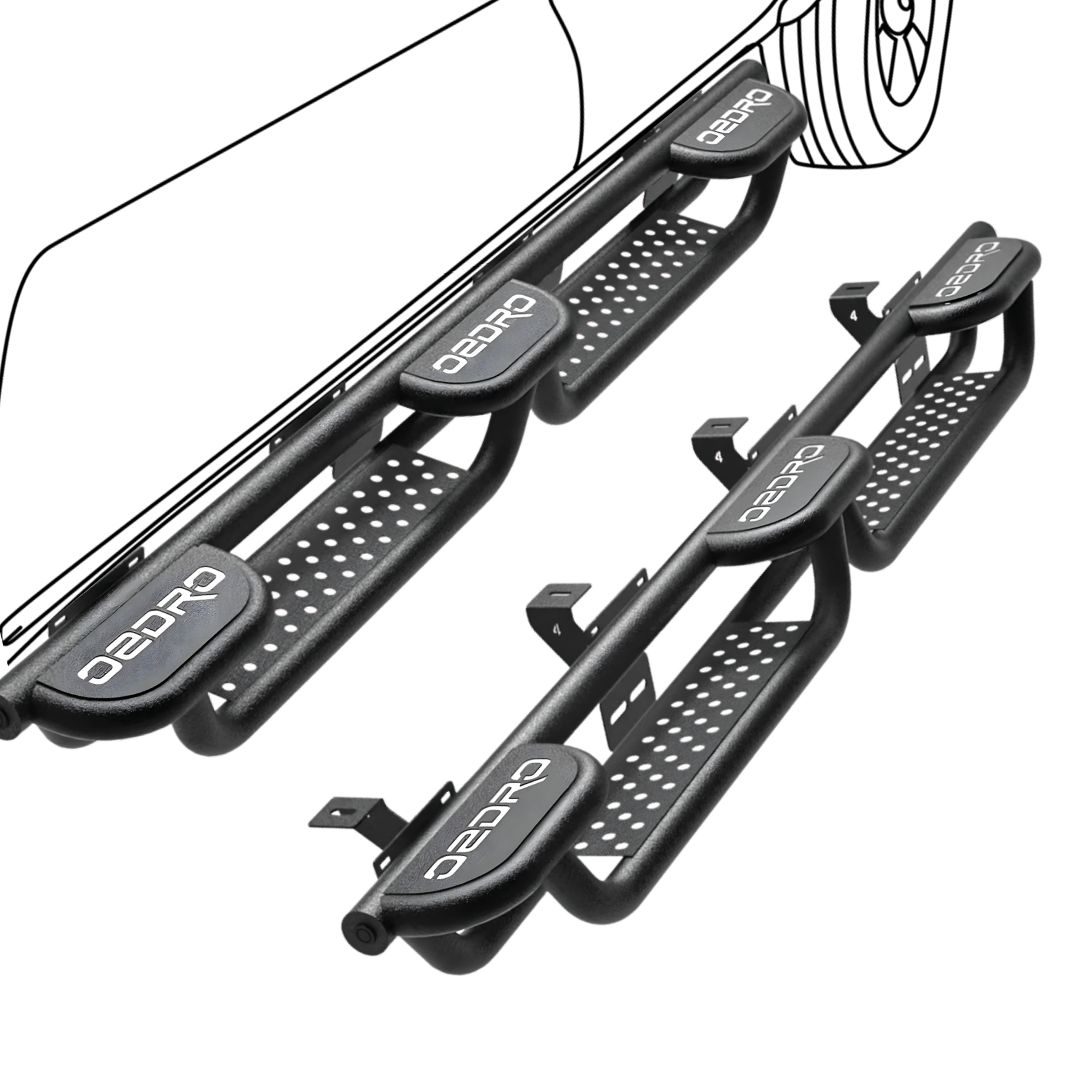 Side view of OEDRO Running Boards w/Three Raised Steps Compatible with 2020-2026 Jeep Gladiator JT 4 Door, Tri Convex Platform Side Steps, Bed Access Nerf Bar