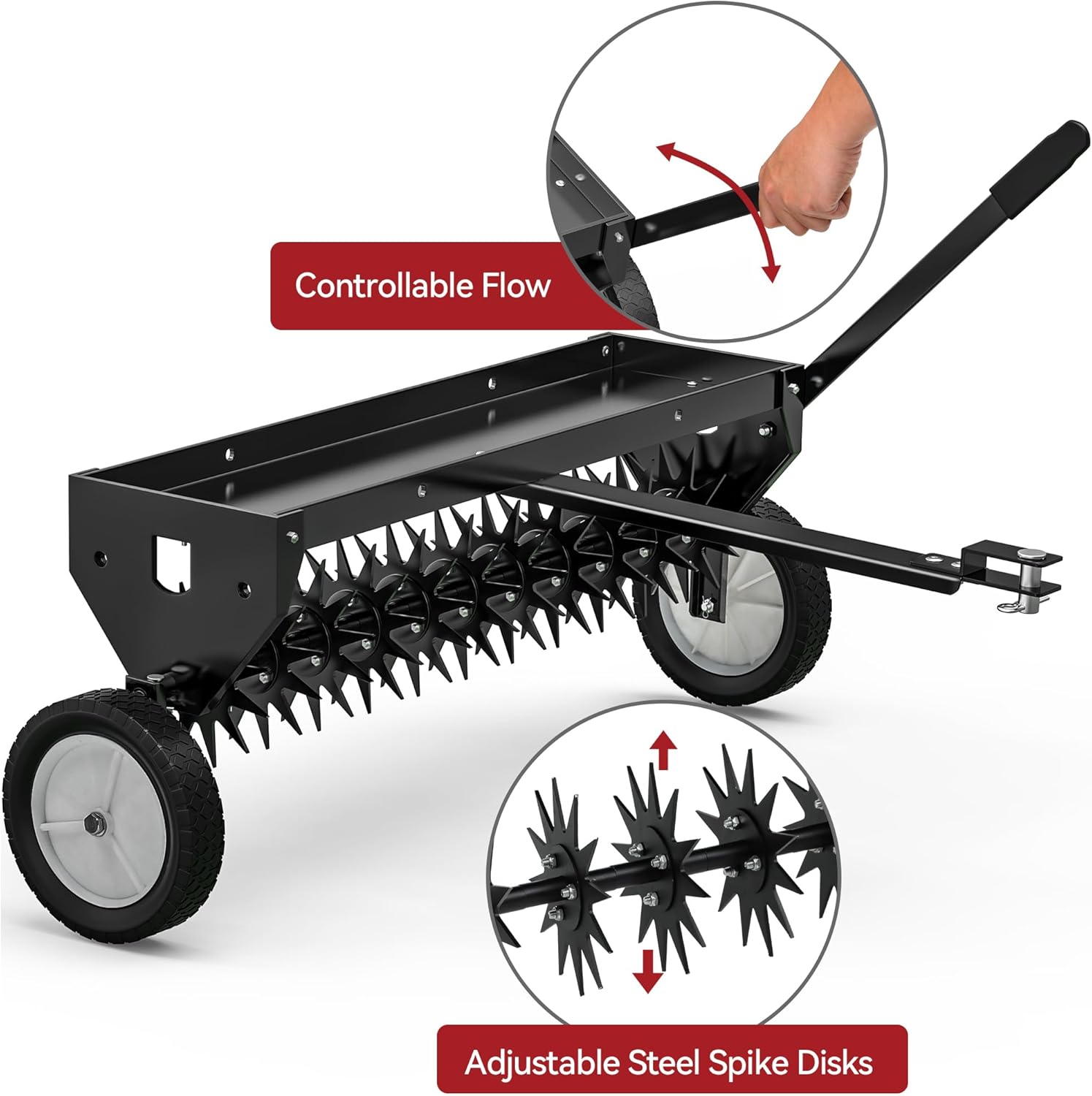 Side view of 40" Tow Behind Lawn Aerator | Core Aerator for Soil with Transport Wheels | YITAMOTOR