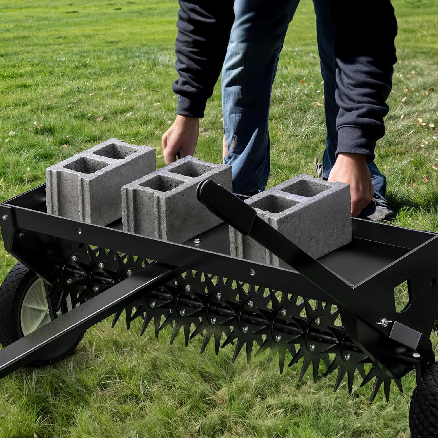 Side view of 40" Tow Behind Lawn Aerator | Core Aerator for Soil with Transport Wheels | YITAMOTOR